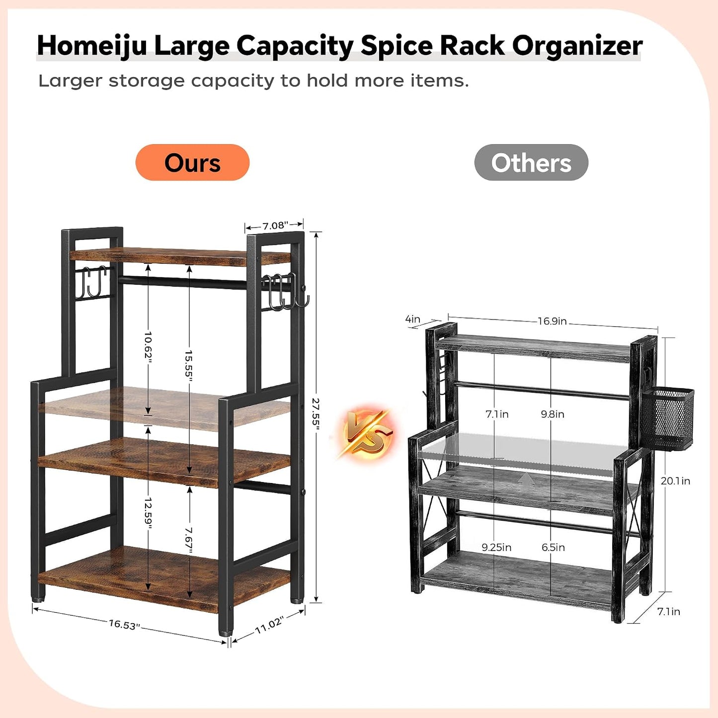 Kitchen Countertop Organizer,3 Tier Large Spice Rack Organizer with Adjustable Shelf and 5 Hooks,Wooden Counter
