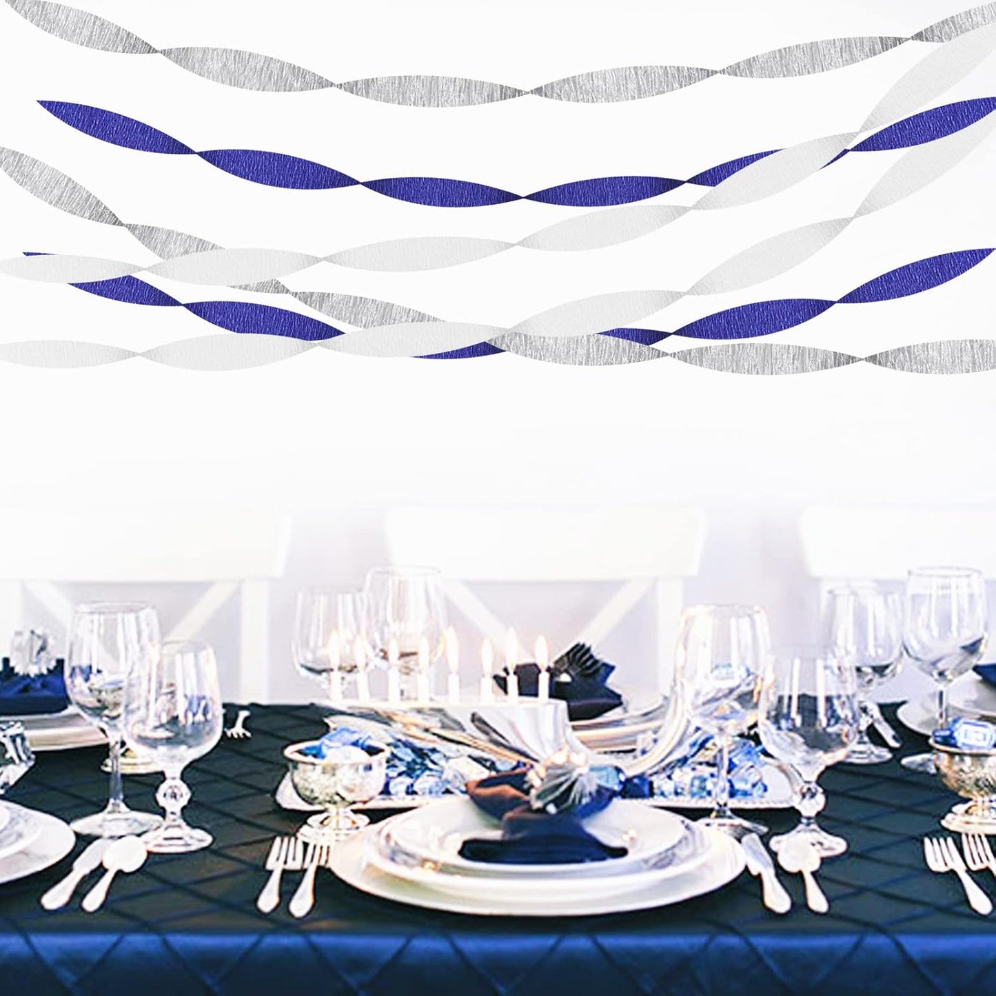 Navy-Blue White- Silver Crepe Paper Streamers / Navy Blue White Silver