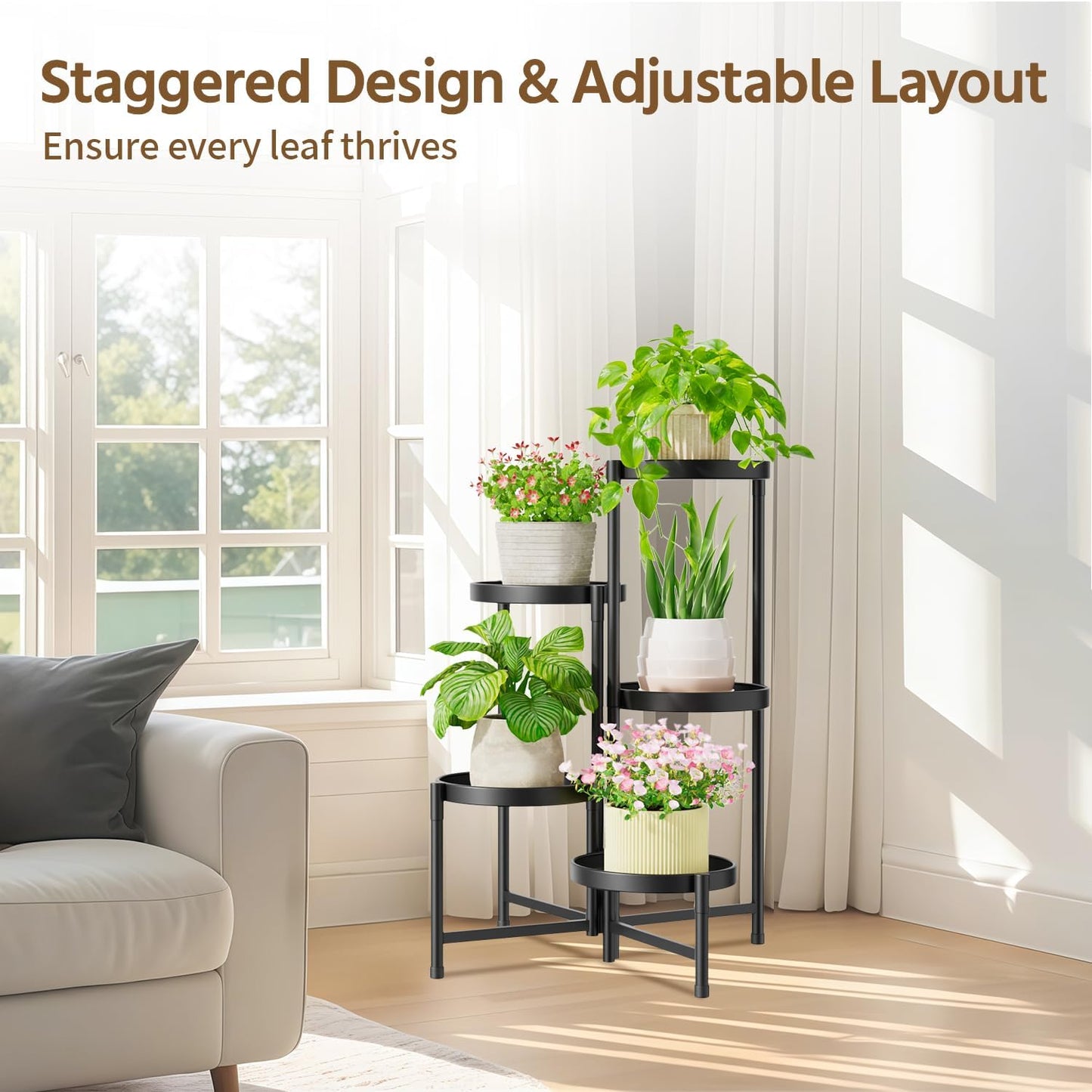 LASZOLA Plant Stand Indoor with 10 Inch Large Metal Tray, 5 Tier Black | Corner Tall Folding Flower Display Rack