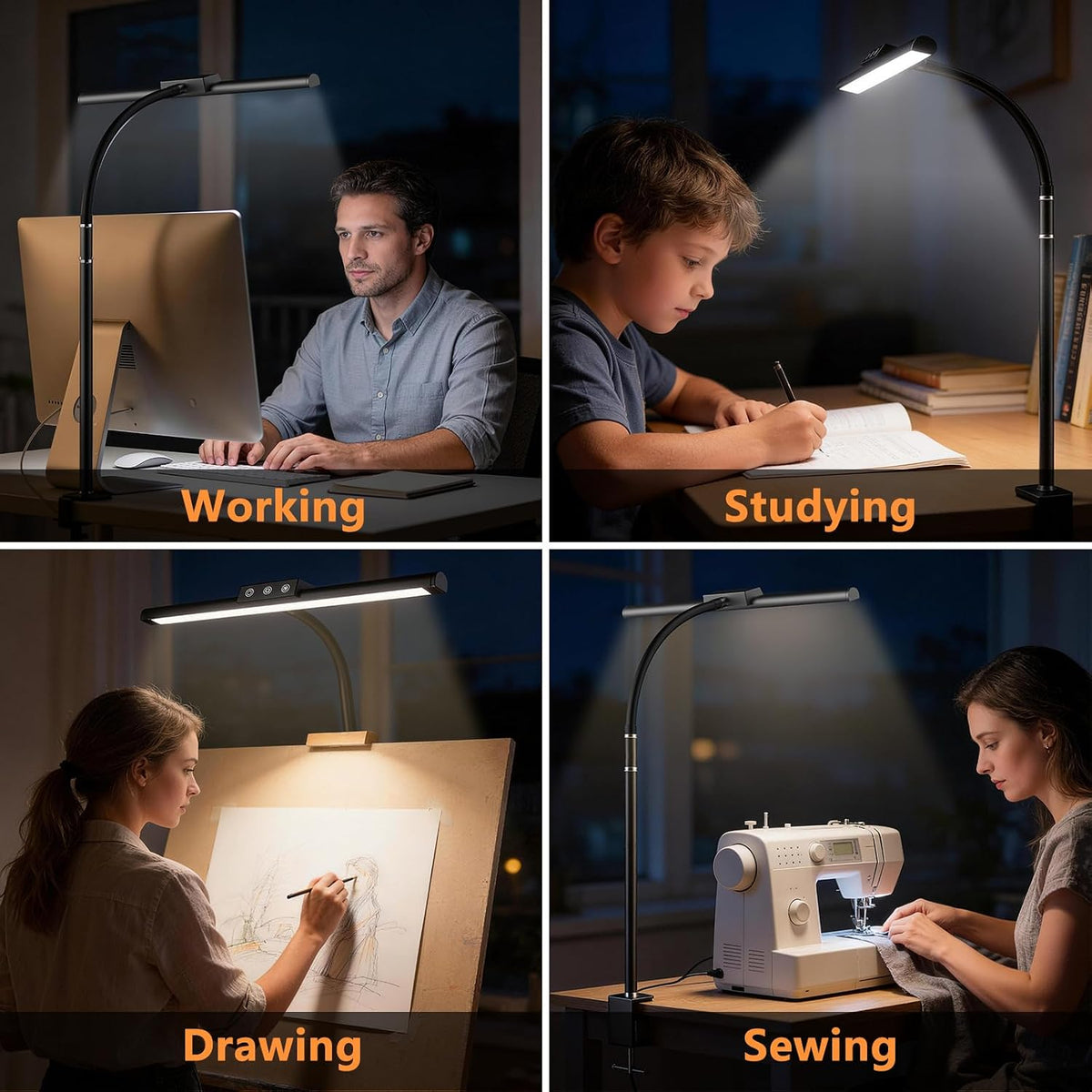 LED Desk Lamp for Home Office, Flexible Gooseneck Desk Lamp with Clamp, 5 Color Touch Control Stepless Dimming