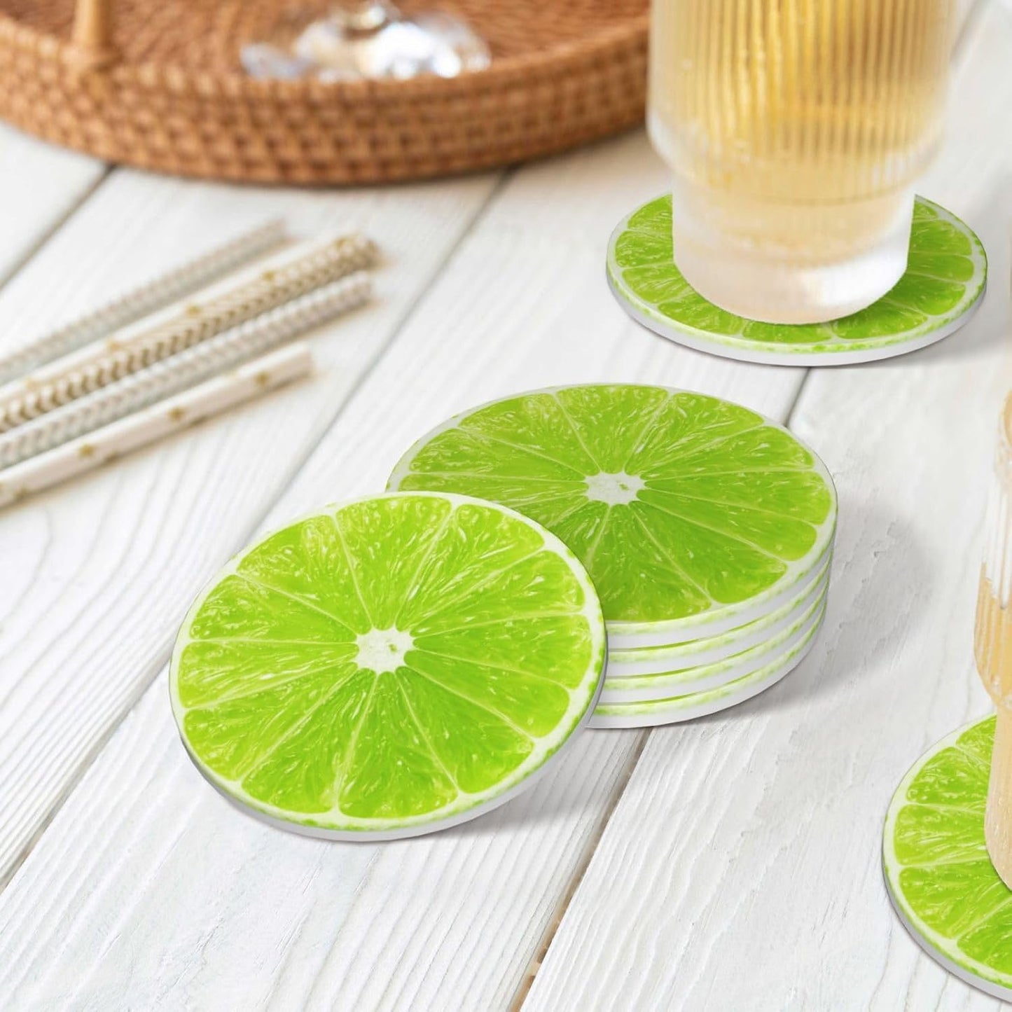 Funny Fruit Ceramic Coasters / Green Lime Lemon / Round / Set of 4