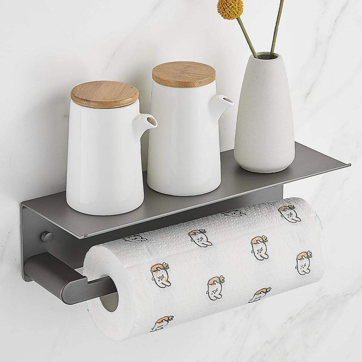 Wall Mount Paper Towel Holder with Shelf, Adhesive Towel Rack Matte Grey | Paper Towel Holder Wall Mount for Bathroom