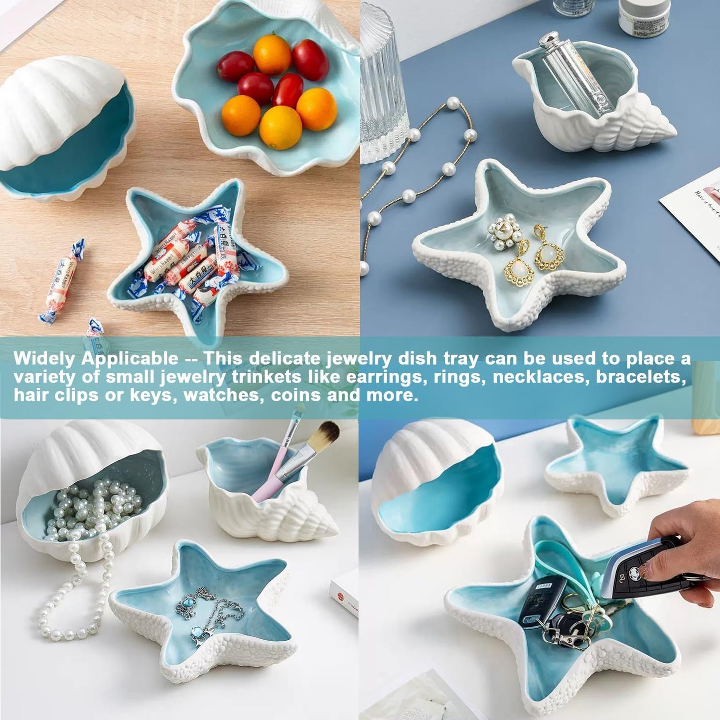 Ceramic Jewelry Tray Starfish Conch Shape Aqua Shell Trinket Plate Ceramic Conch Shell / Set of 2
