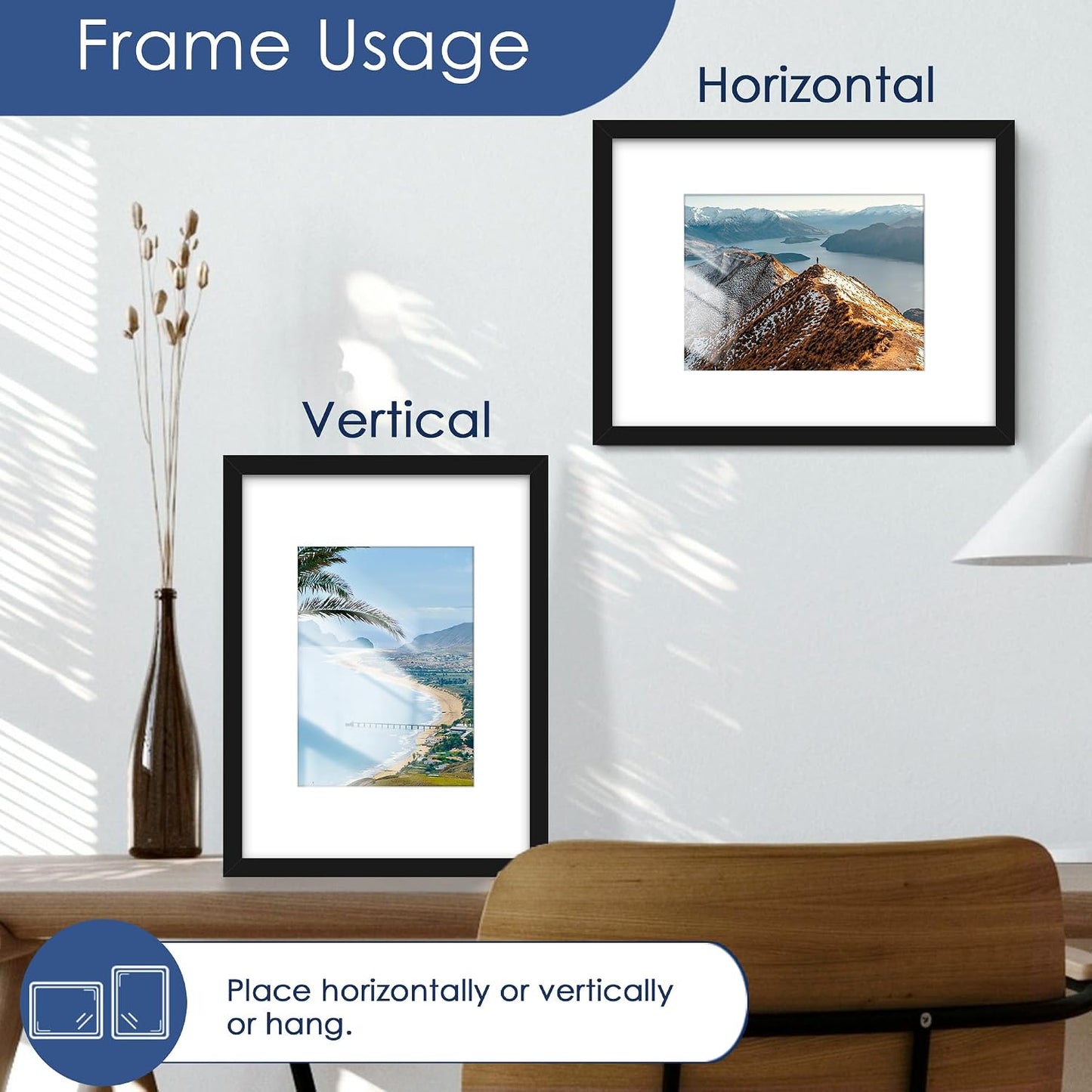 9x12 Picture Frame Set of 6, Wall or Tabletop Display, Black | Display Pictures 6x8 with Mat or 9x12 Without Mat