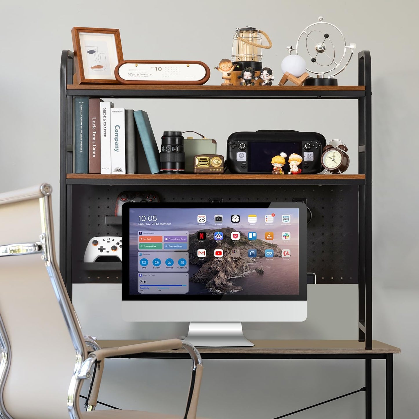 deli Desktop Shelf, Desk Hutch with Metal Pegboard, Black | 2-Tier Desktop Display Rack, 4 Accessories, Multipurpose
