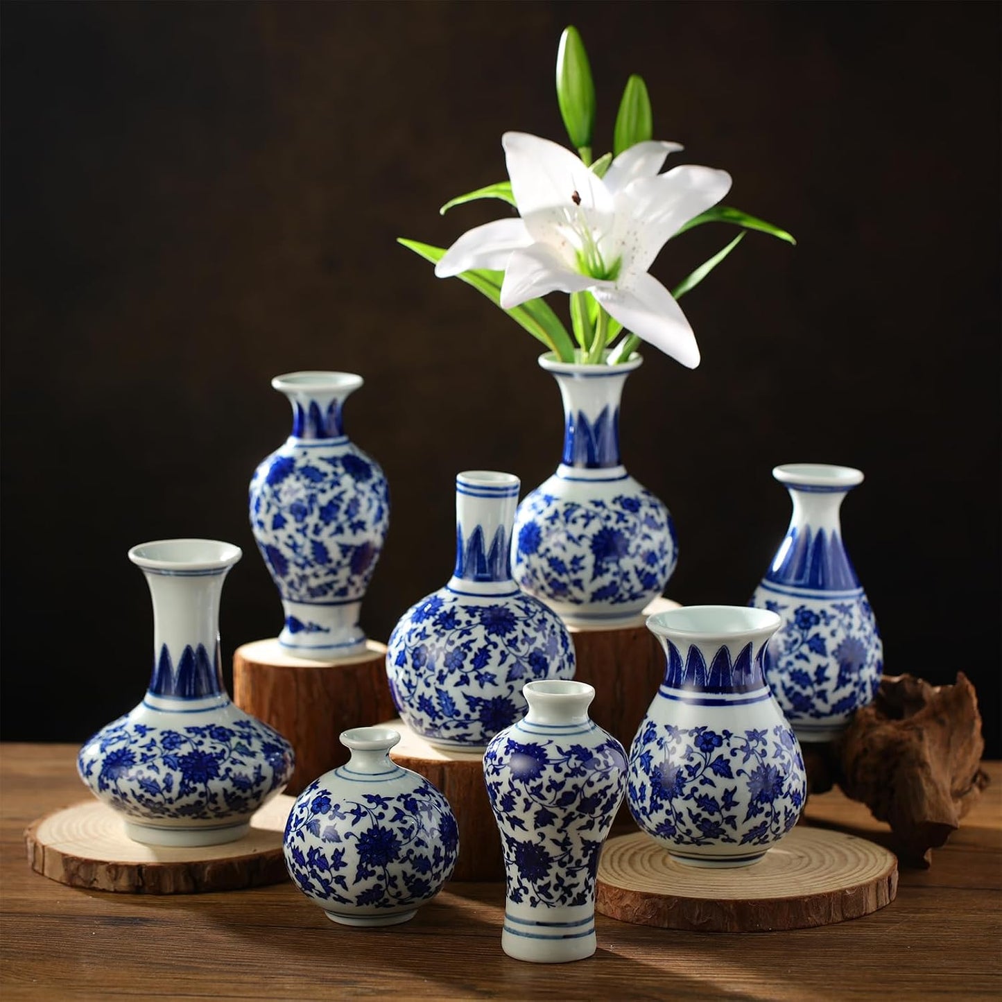 Mini Chinoiserie Bud Vases Ceramic and White Floral Chinese Porcelain / Elegant / Blue / Set of 8