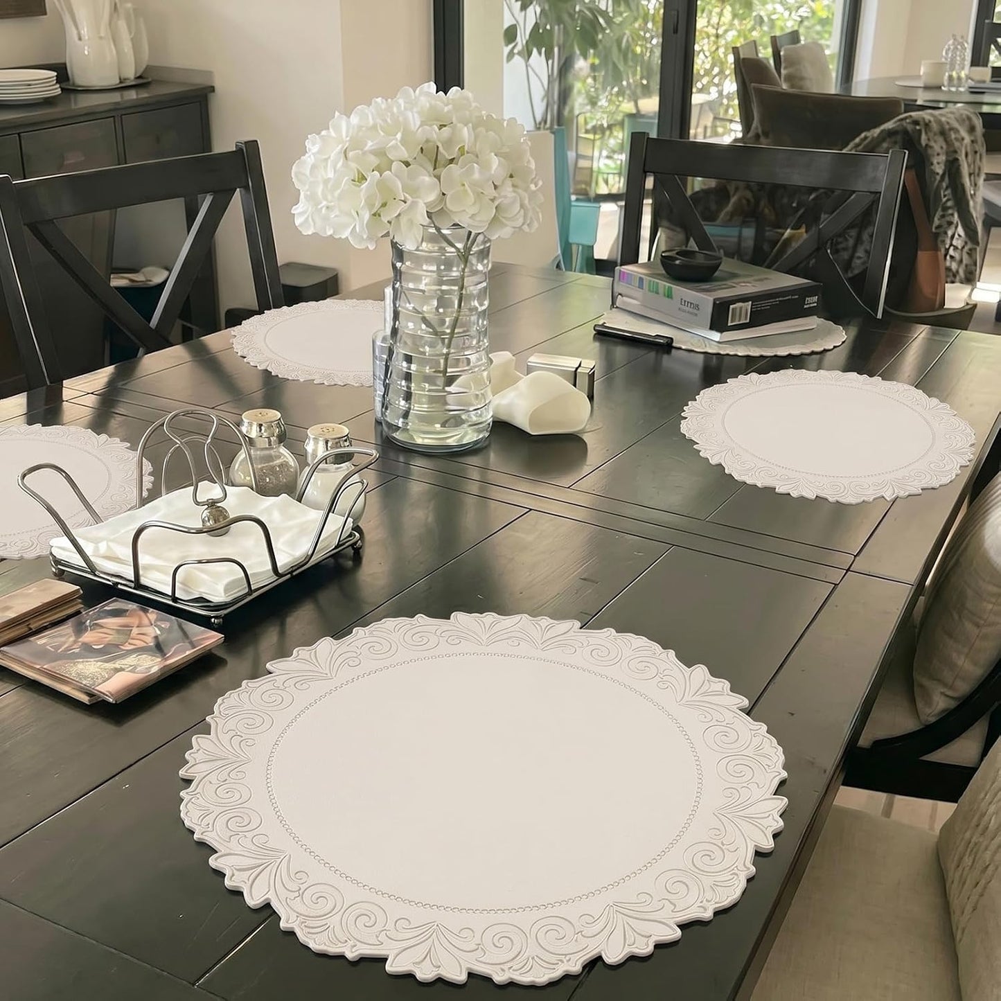 Round Faux Leather Placemats Set of 6, Dining Table Mats, Beige | Engraved Texture, 15 Inch Diameter, Waterproof and