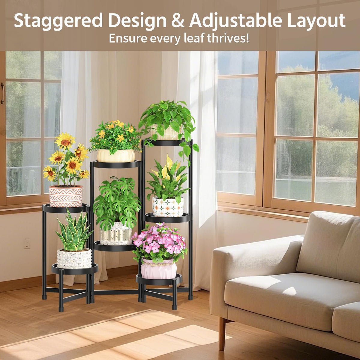 LASZOLA Plant Stand Indoor Outdoor Tall with Plastic Tray, 7 Tiers Black | Corner Folding Flower Display Rack, Modern