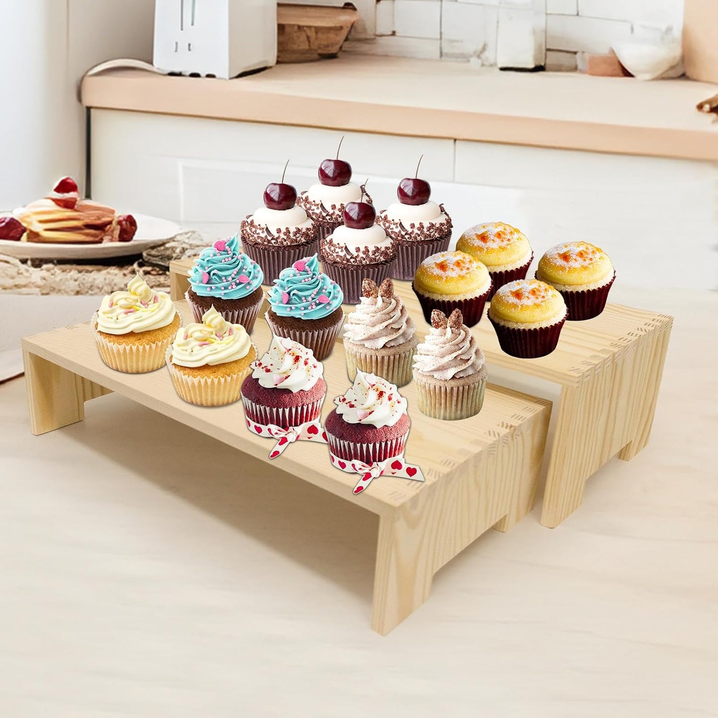 Yikaroeli 4Pcs Large Display Riser Wood Risers Cupcake Display Stand 2 Tier Racks Rectangular, 2 Set Perfume Decorative
