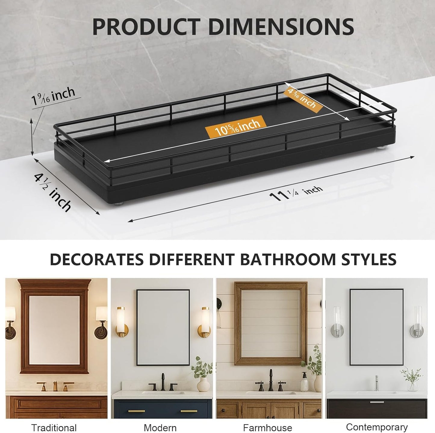 Oak Wood Vanity Tray / Black / 11 x 4.5 x 1.5