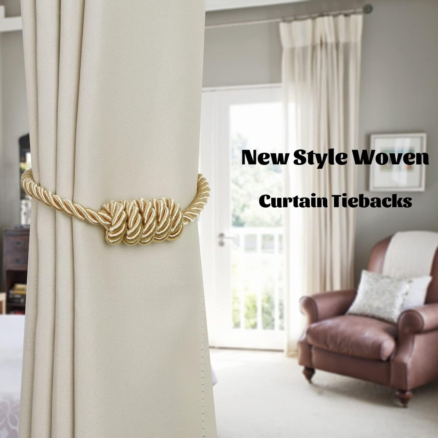 BEL AVENIR Magnetic Curtain Tiebacks 6 Pack Hand-Woven Curtain Ties | Gold Decorative Curtain Holdbacks Bohemian Style
