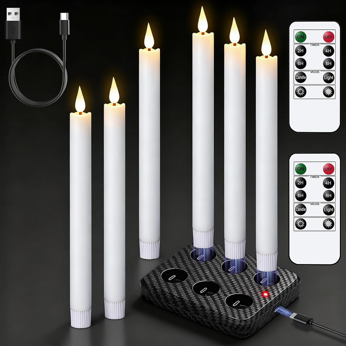 GenSwin Rechargeable Flameless Taper Candles Charging Base & 2 Remote White