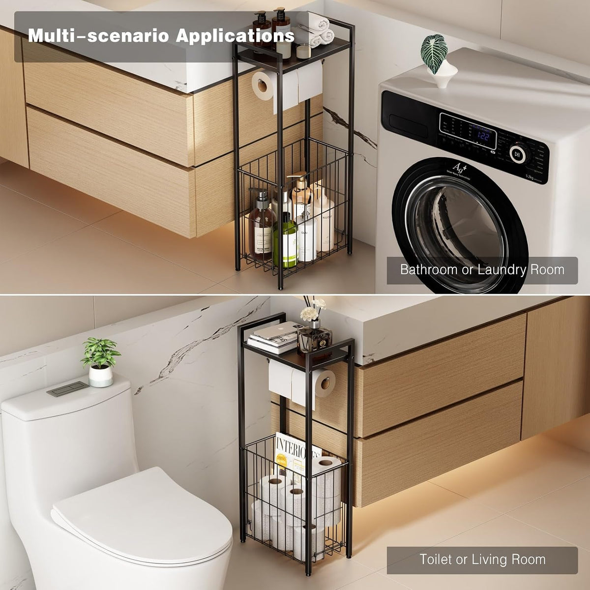 VOLDRA Toilet Paper Holder Stand with Storage Shelf, Free Standing Toilet Paper Roll Holder with Large Basket Heavy