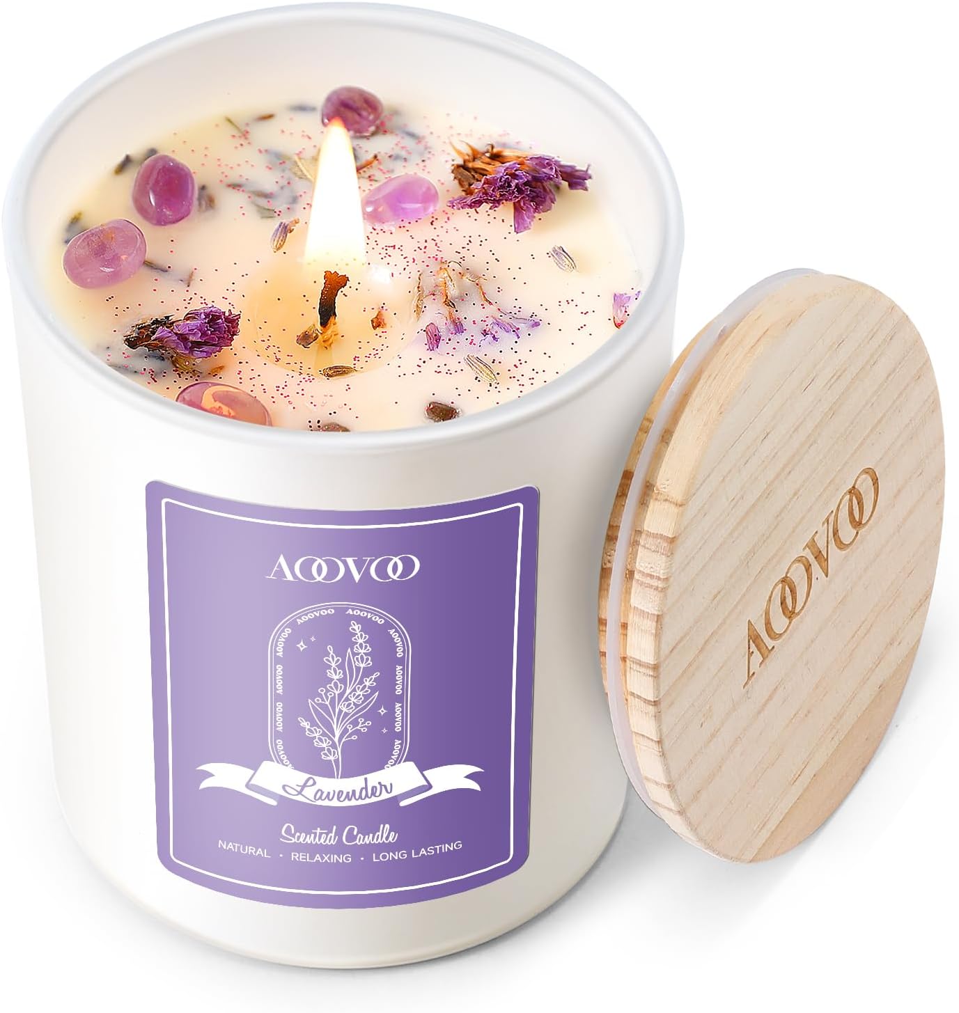 AOOVOO Lavender Scented Candles for Women - Aromatherapy Candle with Crystals Inside, 7oz Soy Candles for Home Scented