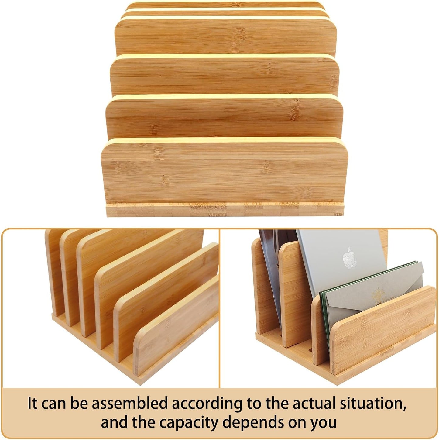 Desk File Mail Organizer Countertop, 5 Slots Bamboo Folder Sorter Holder for Letter, Envelope, Paper, Bill Filing