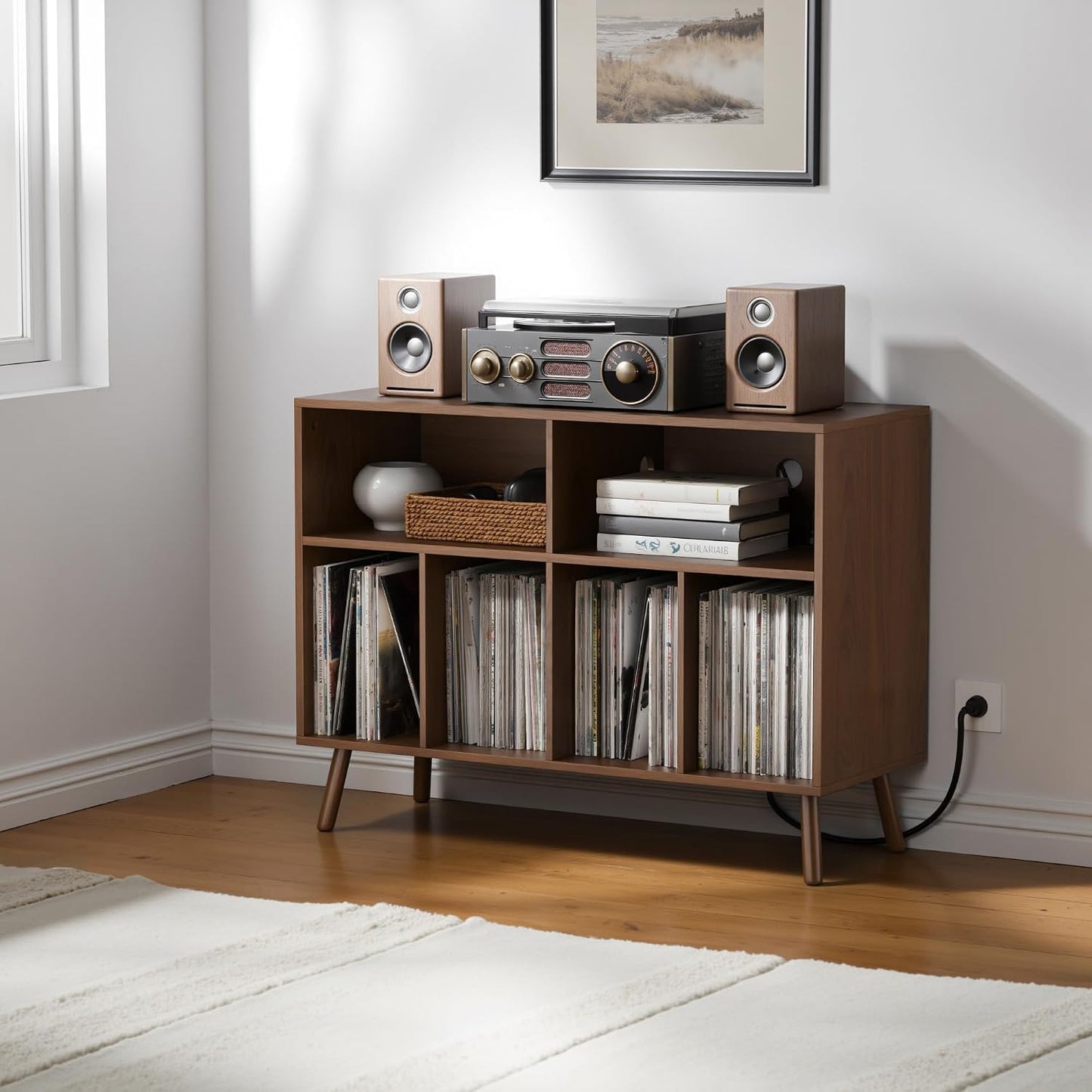 Record Player Stand with Vinyl Storage Cabinet, Wood Turntable Table Open Shelf Holder Up to 350 Albums Cube Storage