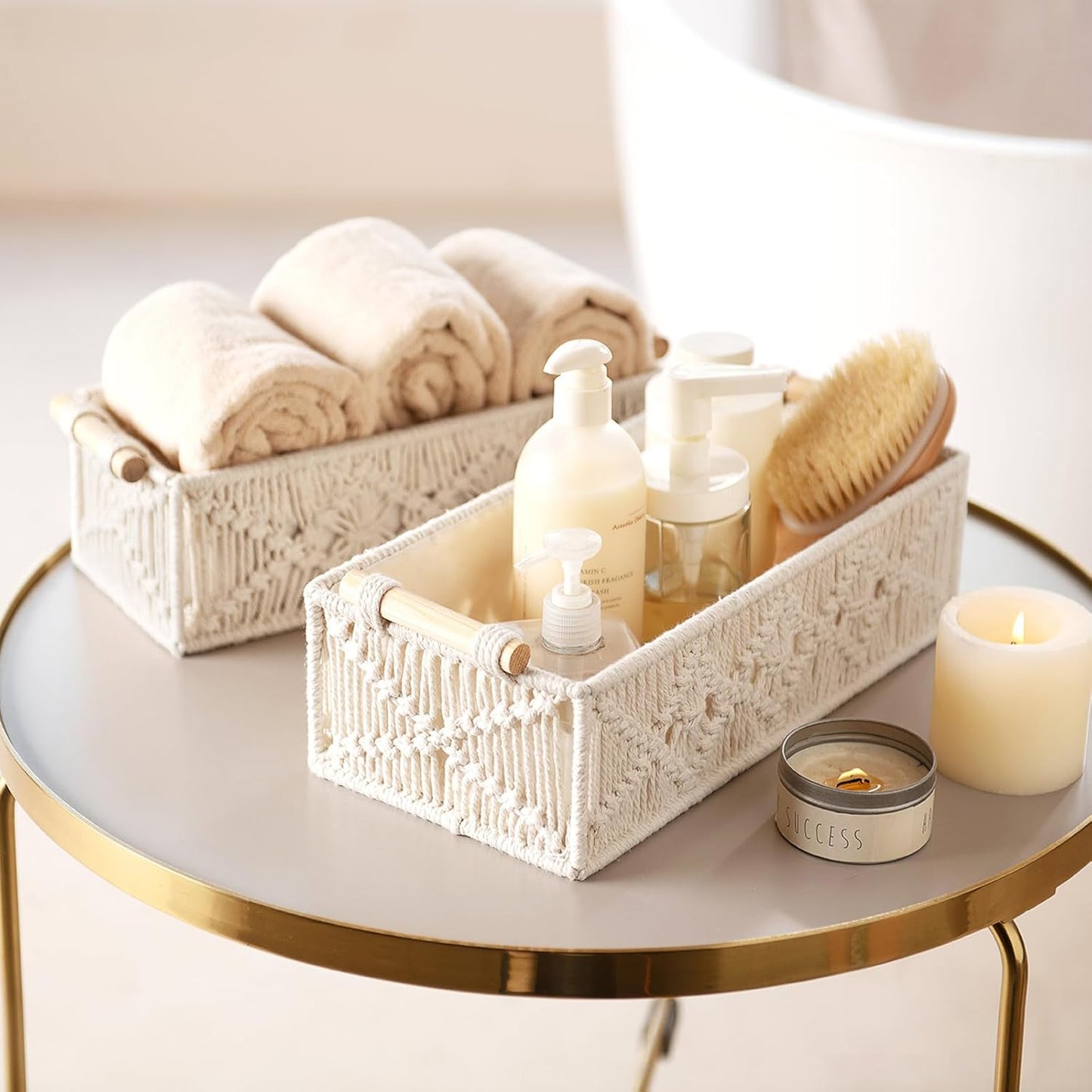 Macrame Storage Baskets Boho Decor Box Handmade Woven Decorative Countertop Toilet Tank / Ivory