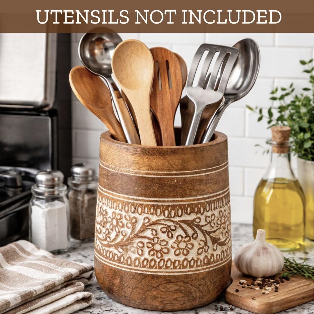 Mie Creations Farmhouse 7'' Large Wooden Utensil Holder, White Floral | Natural Mango Wood, Handcrafted Design, Cooking