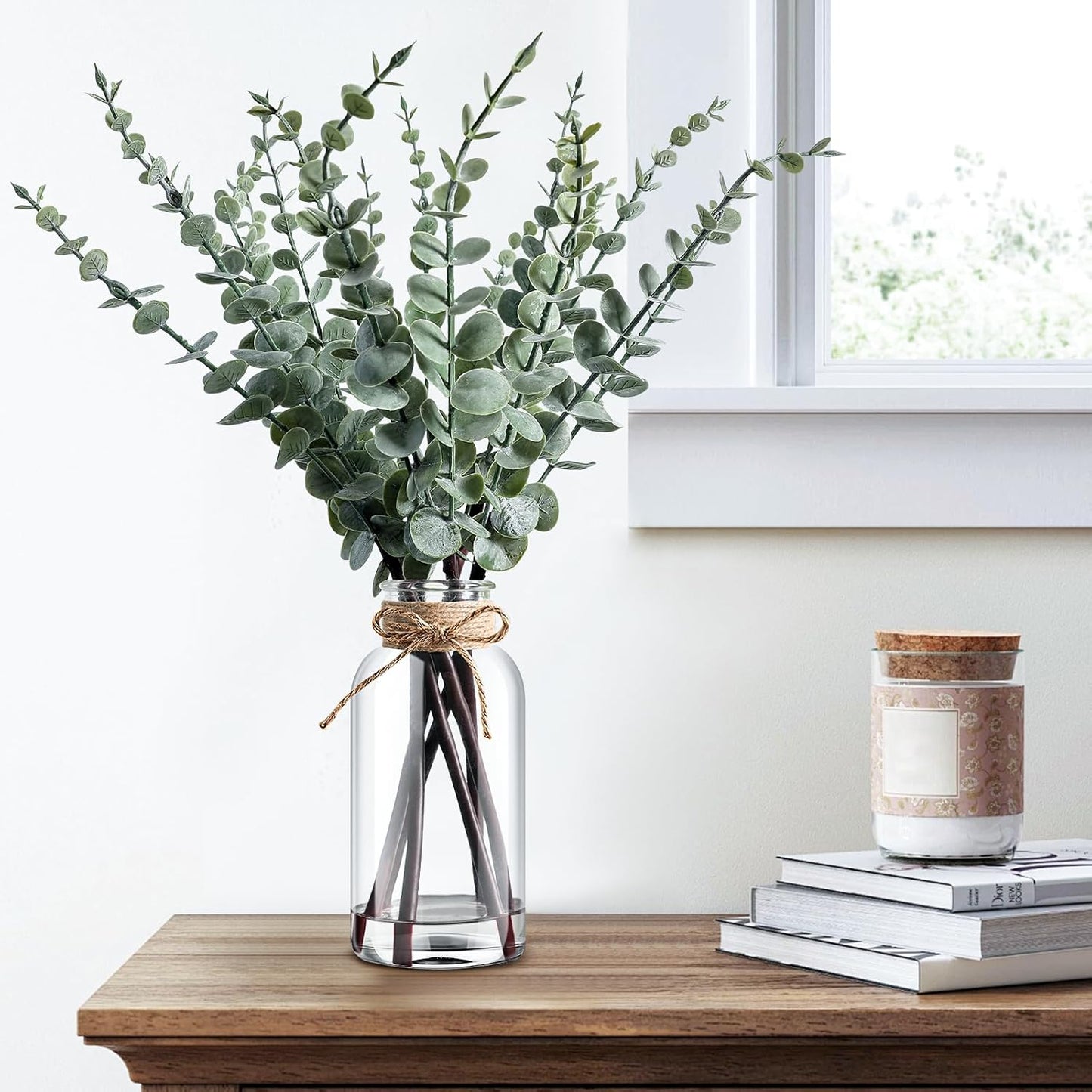 Artificial Eucalyptus Stems in Glass Vase / Light Green / 17.5 Inch