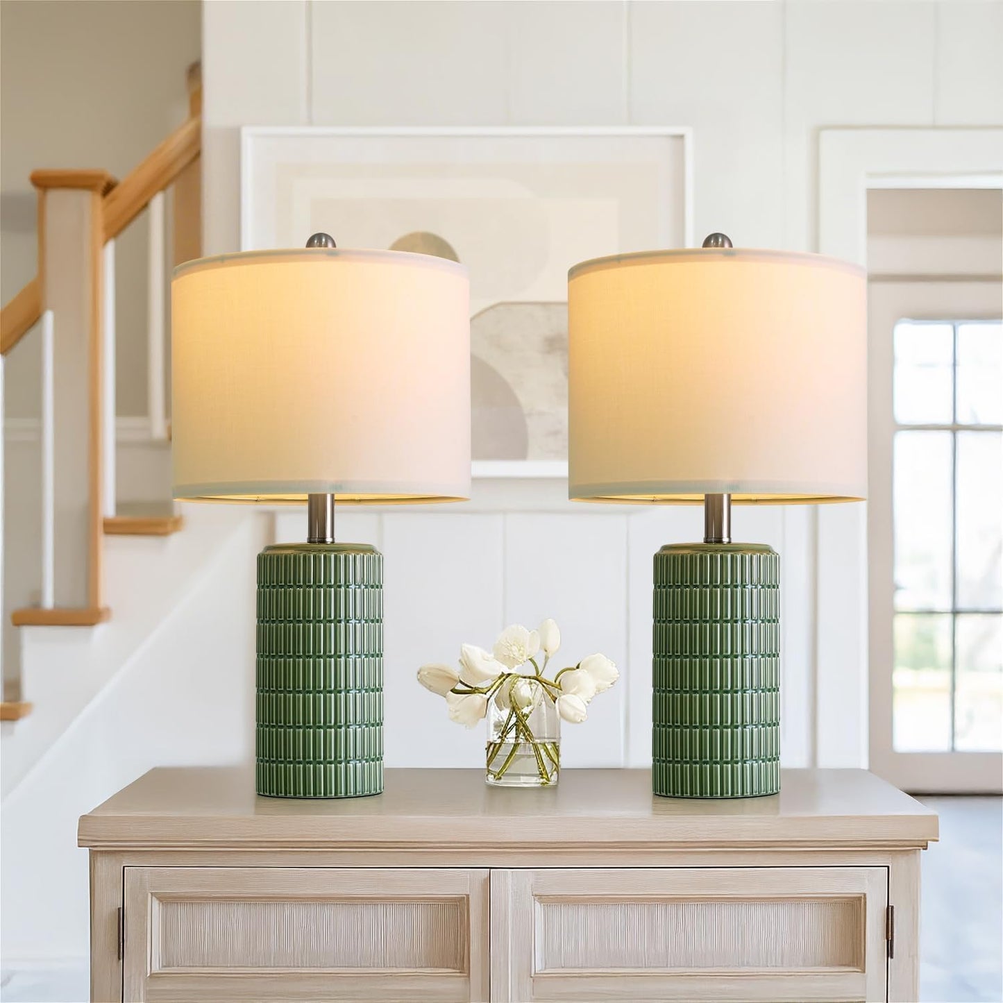 PoKat 20.75" Small Modern Ceramic Table Lamps Set of 2 for Bedroom, Green Bedside Lamps for Night Stands, Farmhouse