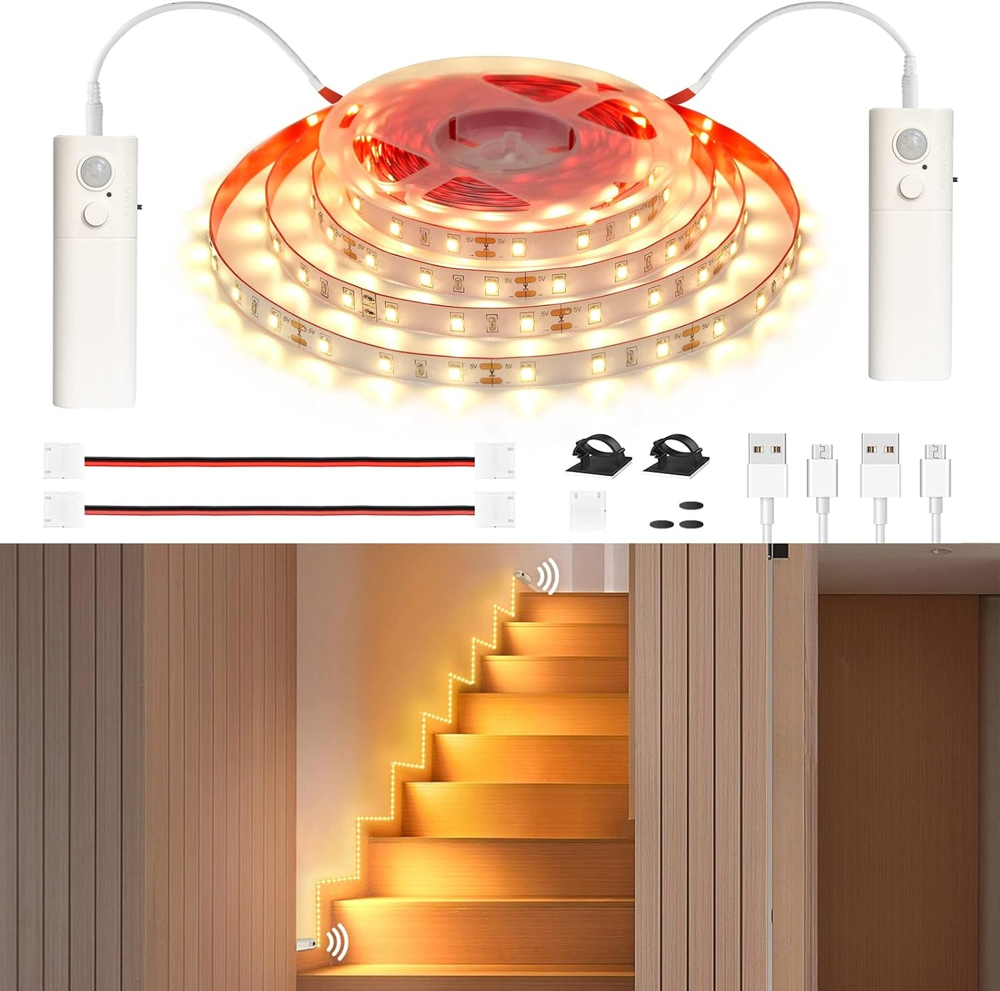 WOBANE 16.4ft Dual Motion Sensor Under Bed Lights,Rechargeable LED Strip | Battery Powered Tape Light for