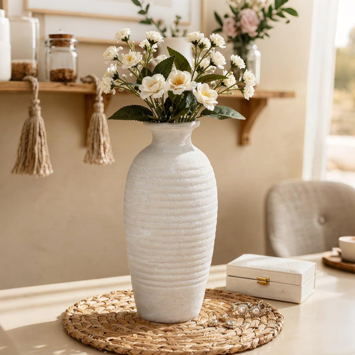Rustic Ceramic Threaded White Vase / Off-white-14.4"tall