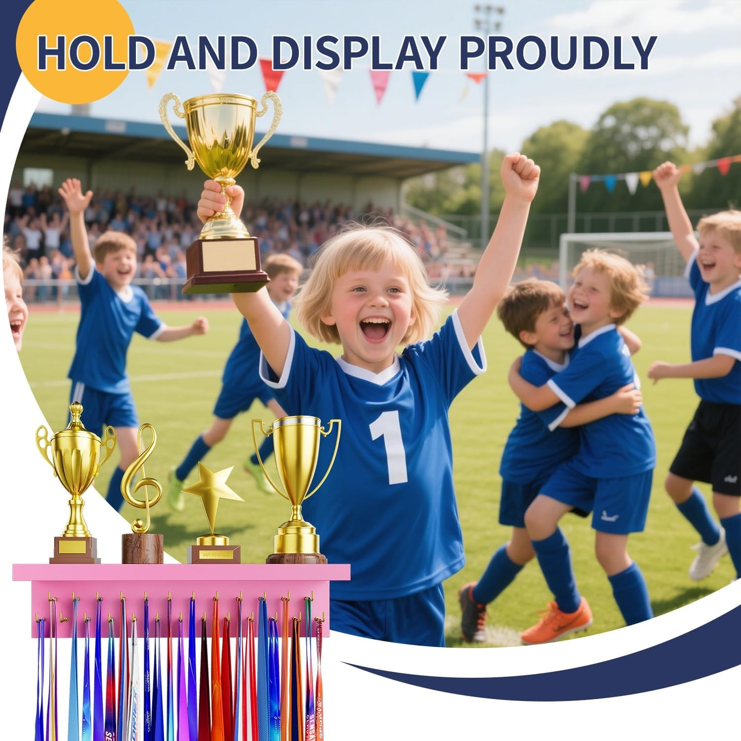 Medal Holder Display Trophy Shelf Organizer, Sturdy Wooden Race Award Hanger Rack with 25 Steel Hooks, Wall Mount