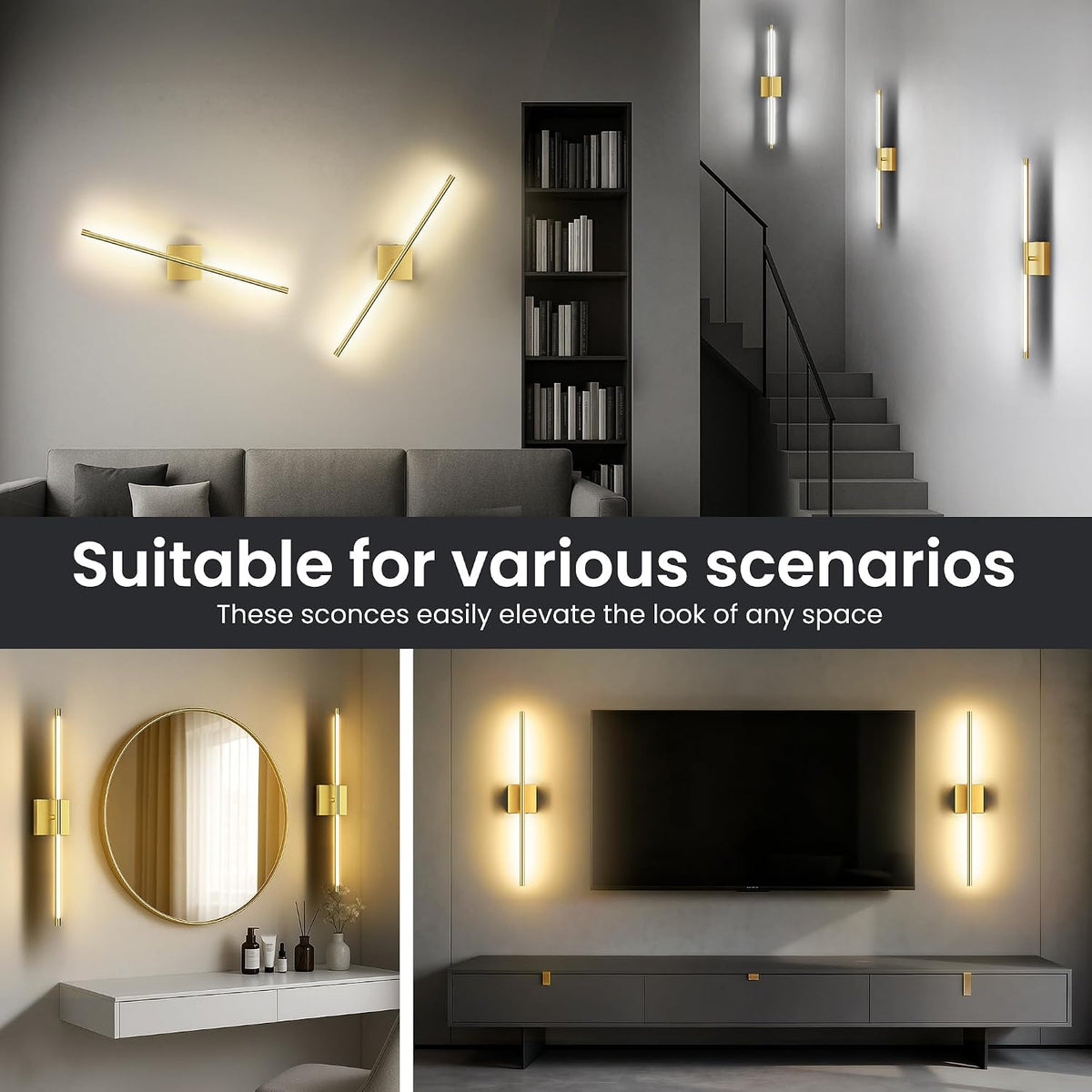 10000mAh Rechargeable Wall Lights, Gold, 29 Inch, 3CCT, 2 Pack | Battery Operated Wall Sconces Set of 2, Remote