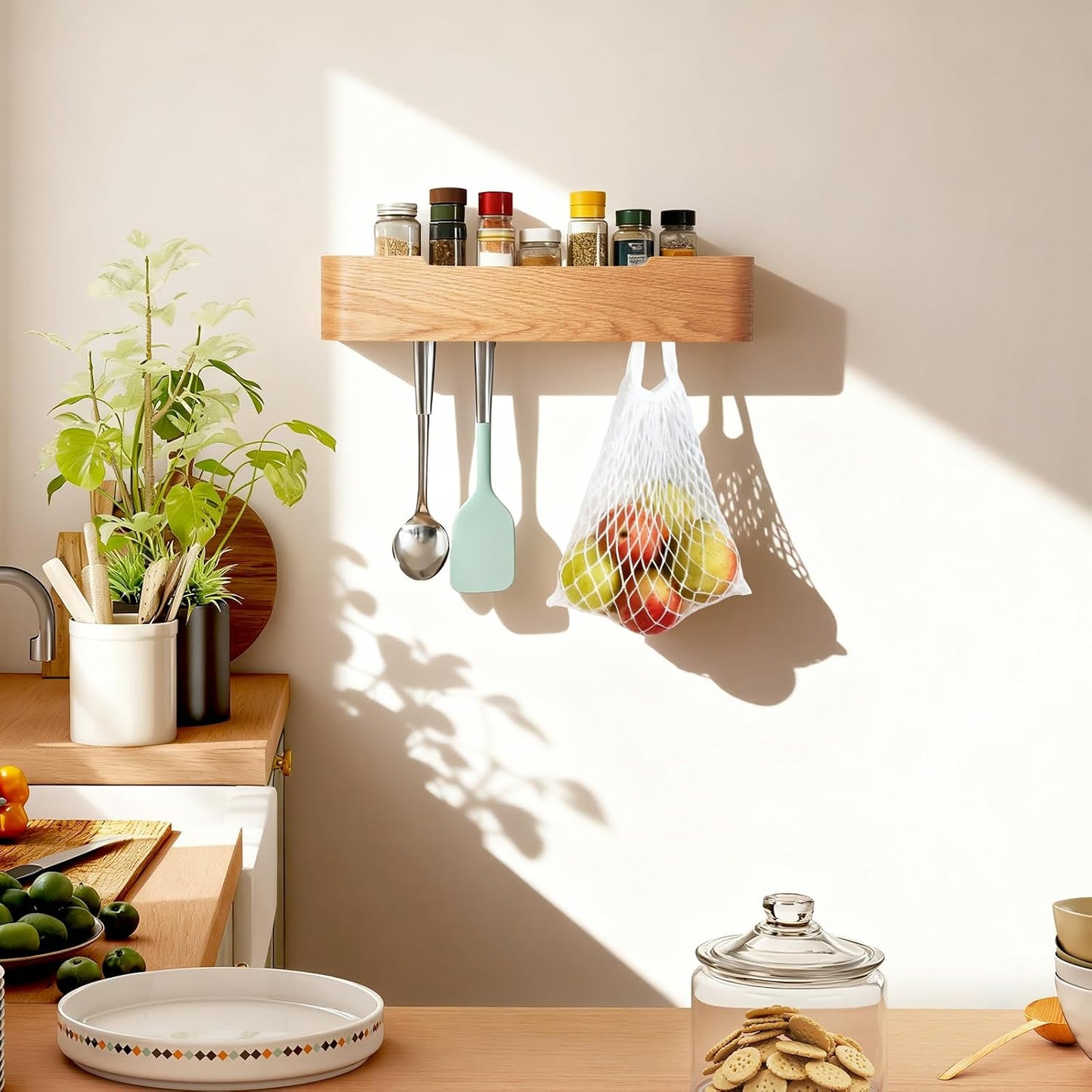 Shelf Entryway Shelf Modern Key Holder Hanger Wall Shelves / Oak / 5 Hooks