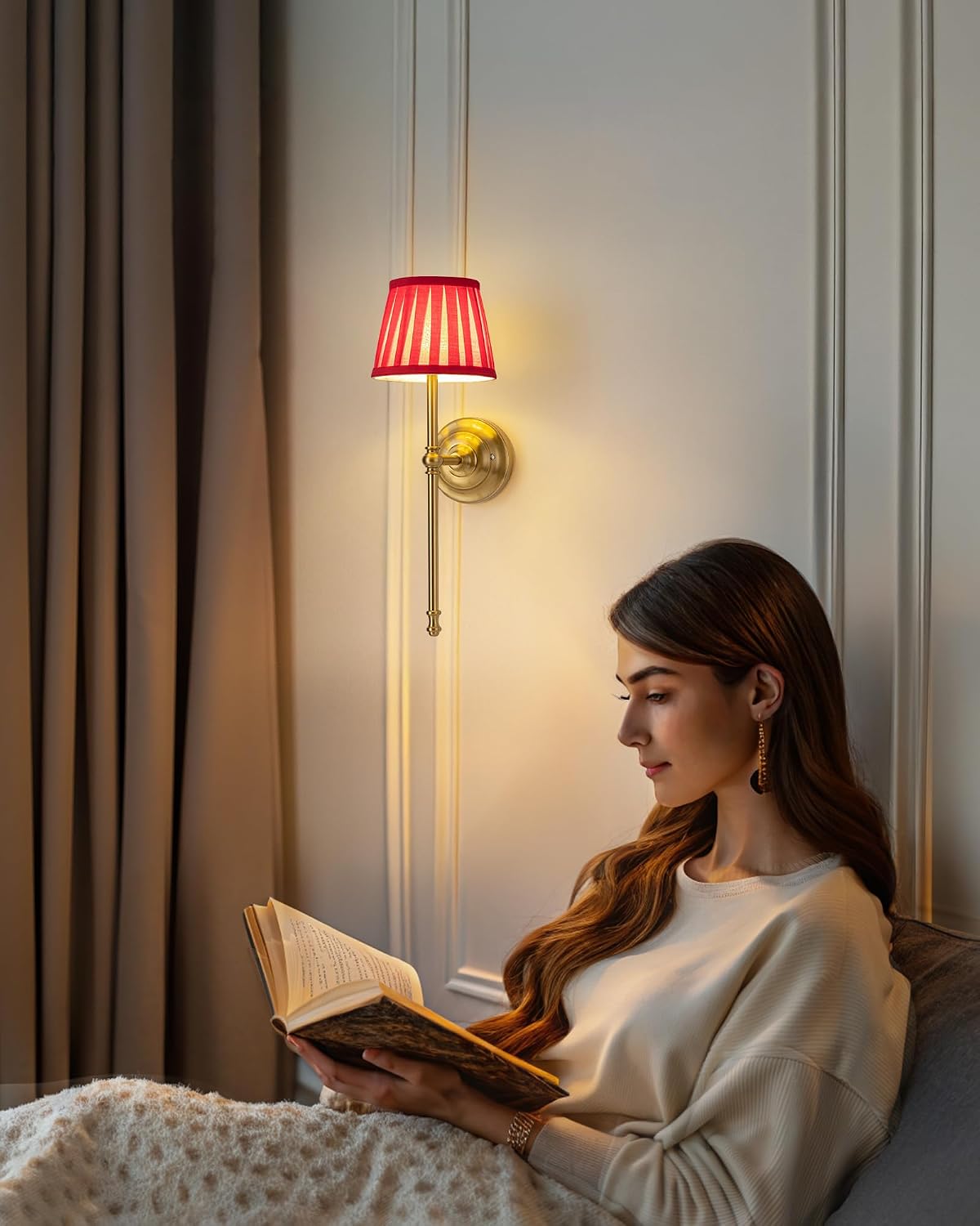 KDG Gold Cordless Wall Sconces Set of 2, Red Fabric LED Wall Lamps | Wireless Small Rechargeable Battery, Portable