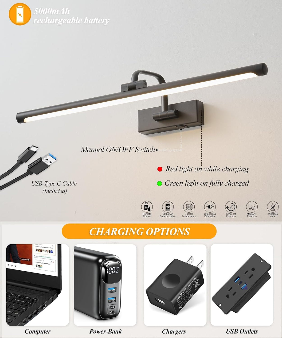 24" Battery Operated Picture Light for Wall,Remote Control | 5000mAh Wireless Dimmable Black Rechargeable Wall Art