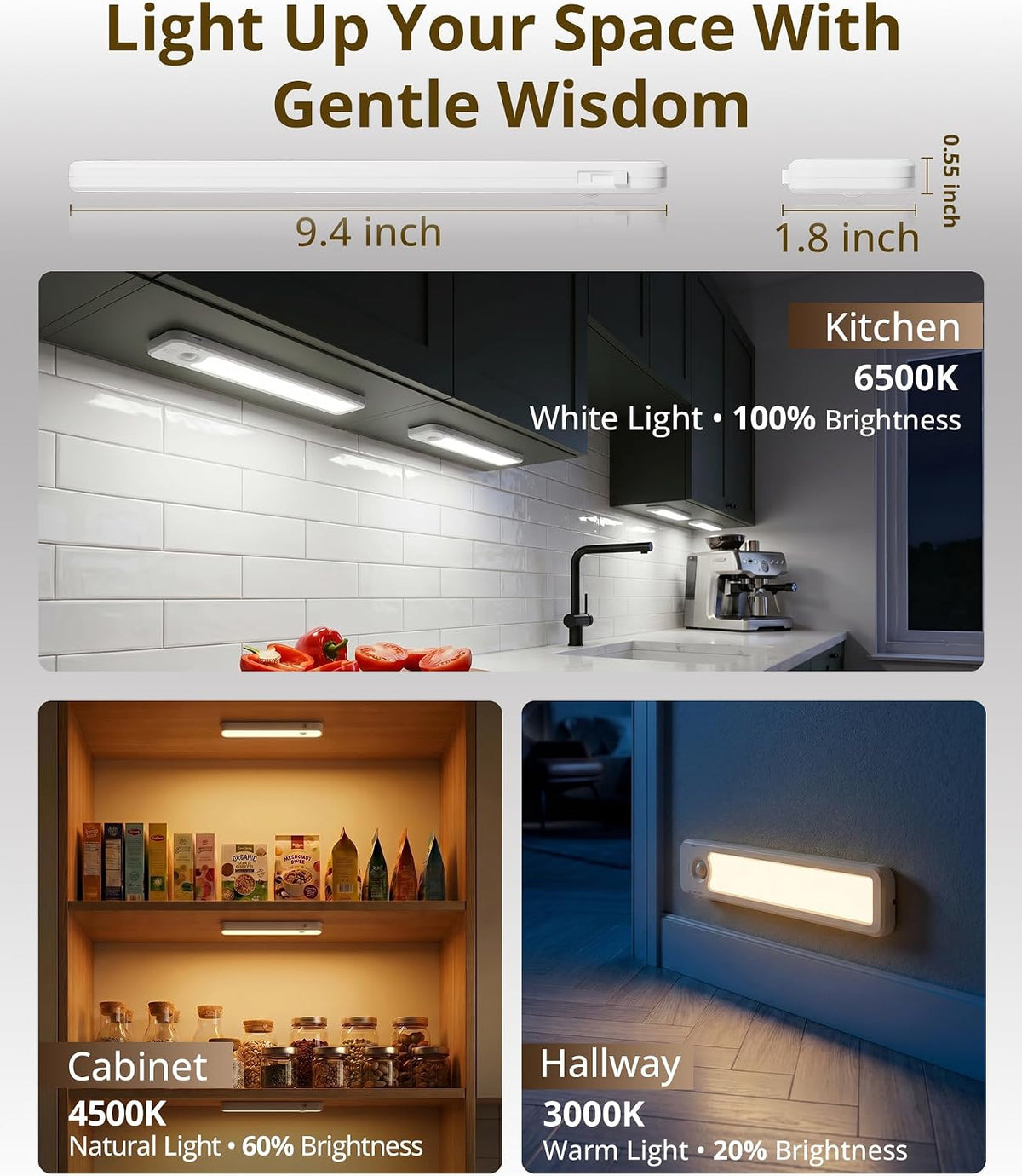 6 Pack Under Cabinet Lighting Wireless, 48 LED Rechargeable Motion Sensor Light Indoor, 3 Color Temps & Dimmable