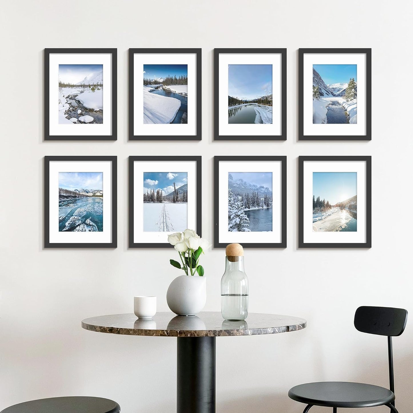 Wiscet 8.5x11 Picture Frame Set of 9, for Wall or Tabletop Display, Black | Display Pictures 6x8 with Mat or 8.5x11
