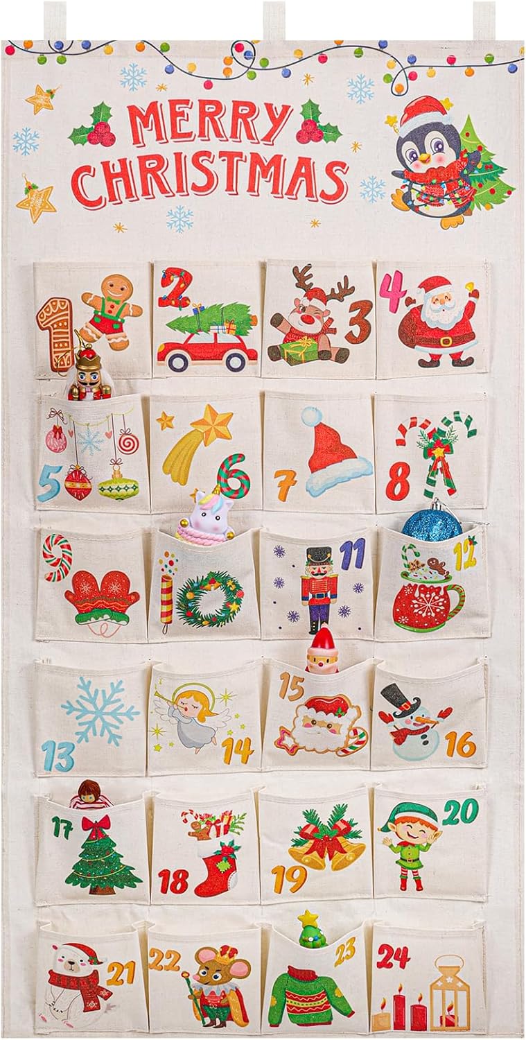 HOWAF Fabric Christmas Advent Calendar (Countdown to Christmas), 24 Days Mystery Christmas Countdown Calendar with 24 Pockets for Xmas Holiday Home Wall Decoration