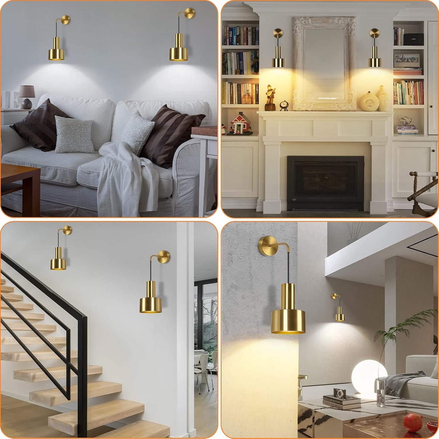 Gold Wireless Battery Operated Wall Sconces Set of 2 with Remote Control | Dimmable Wall Lamp with 3000K-6000K