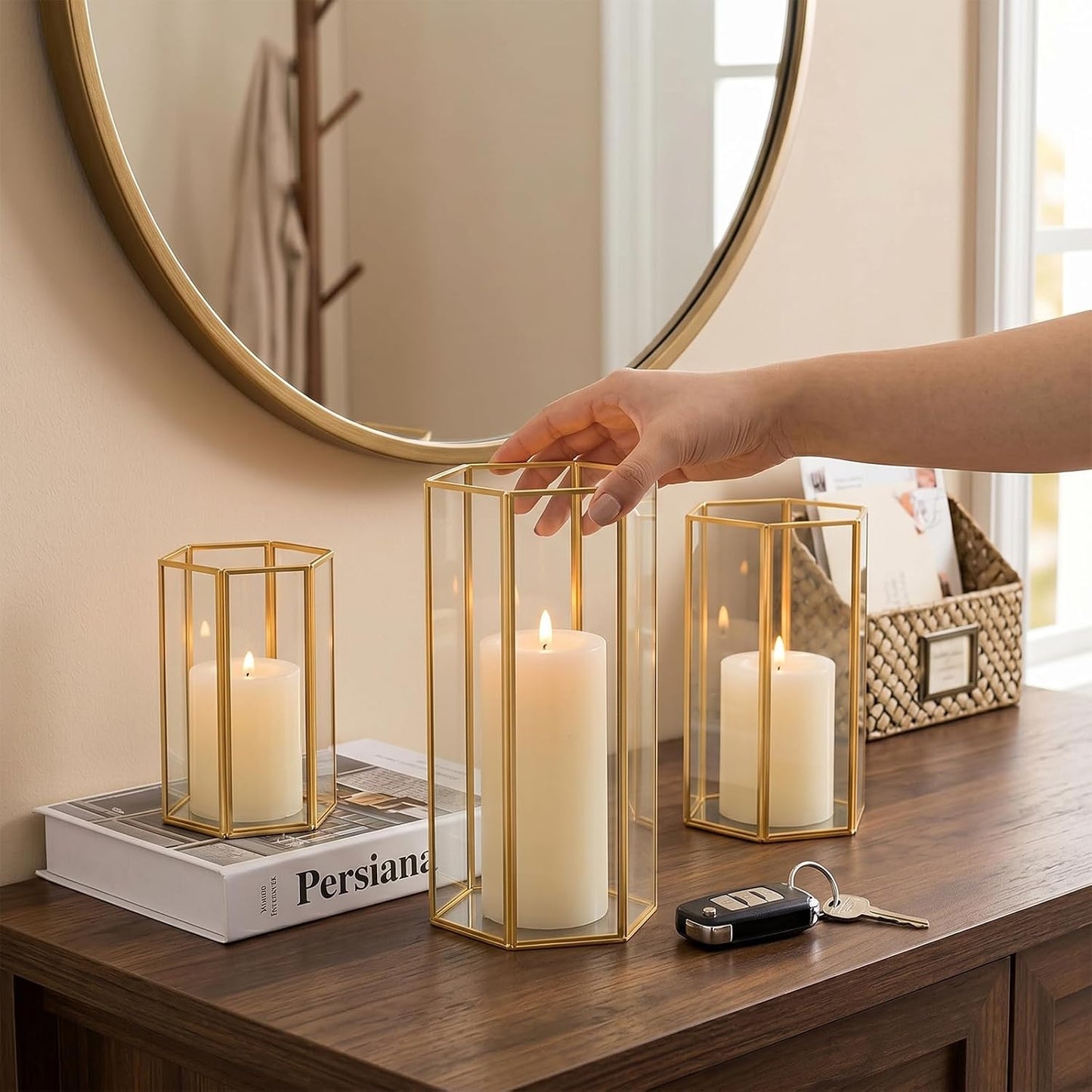 Gold Glass Hurricane Candle Holder Set of 3 Large Clear Hexagon Lanterns | Pillar Candle Lantern with Gold Metal Frame