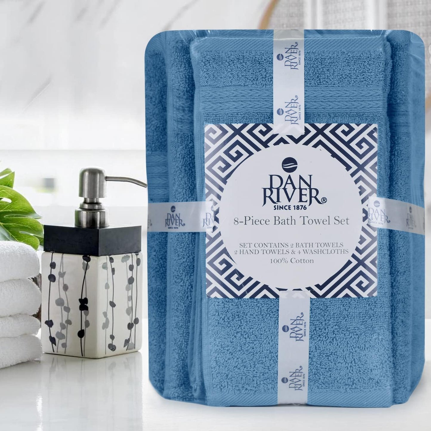 DAN RIVER 8 Piece Luxury Bath Towels for Bathroom, Towel Set, Medium Blue | 2 Bath towels, 2 Hand towels, and 4 Wash