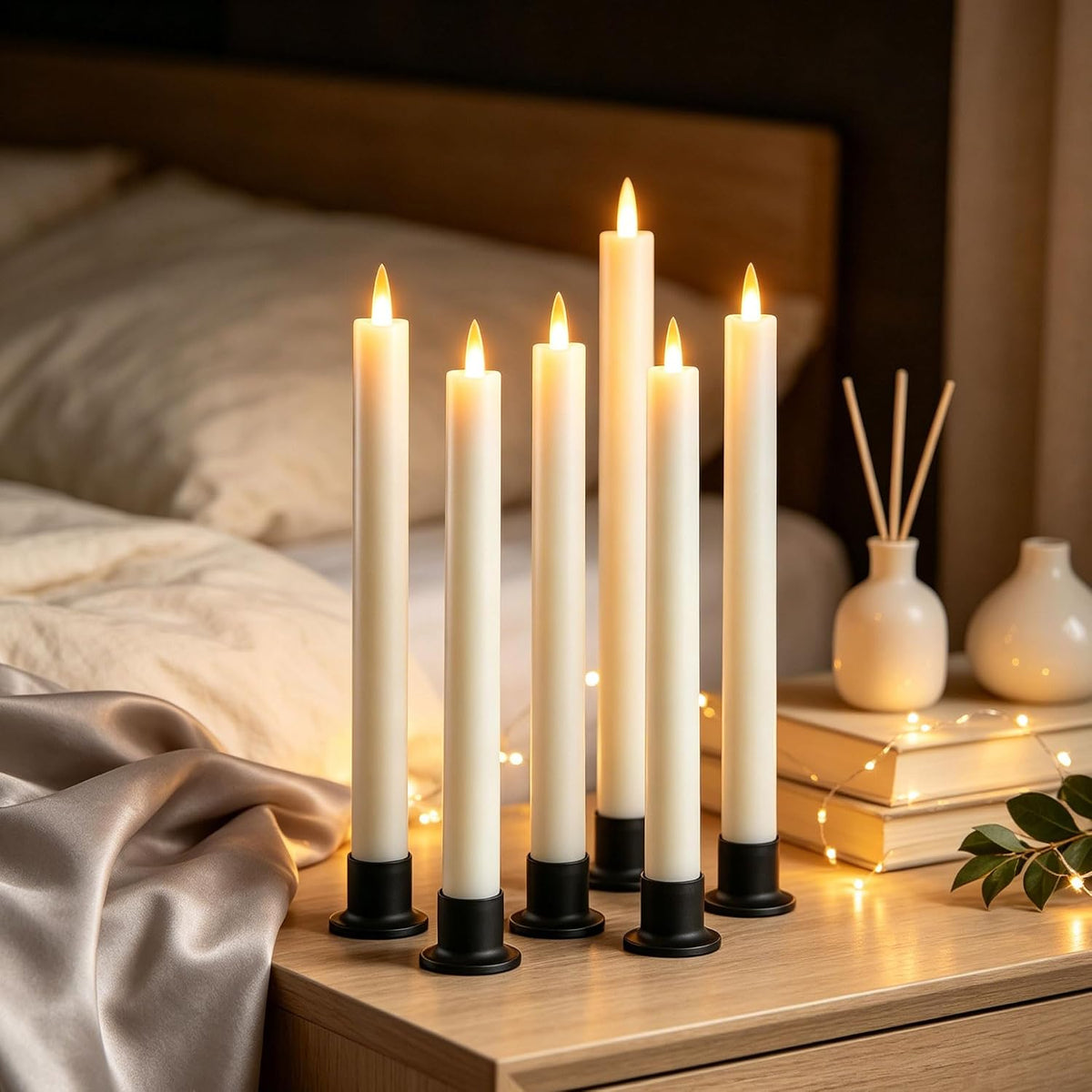 Da by 6 Flameless Window Candles with Remote Controller & Timer, LED Cone Stick Candle, Free 6 Black Bases, 9.6 Inch