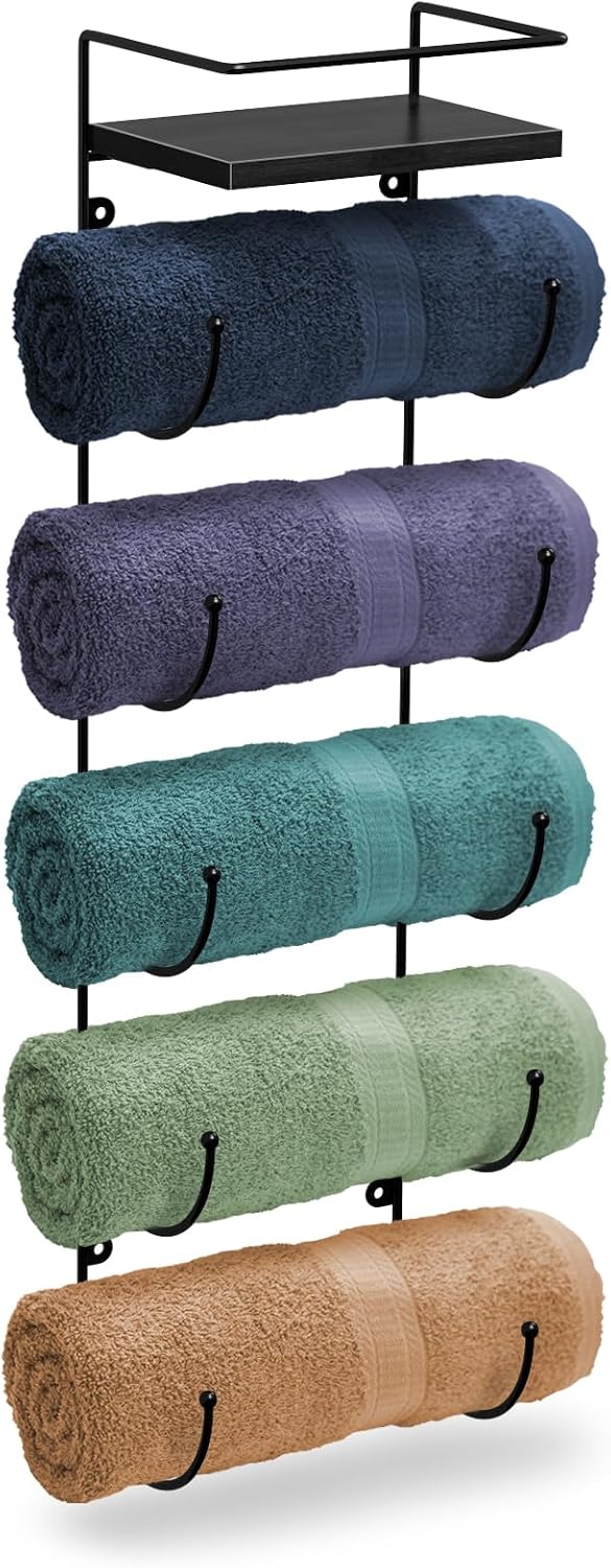 Sorbus Wall Towel Rack, 5-Tier Wood Shelf, Wall Mounted (Black) | Five-tier metal holder for rolled bath towels