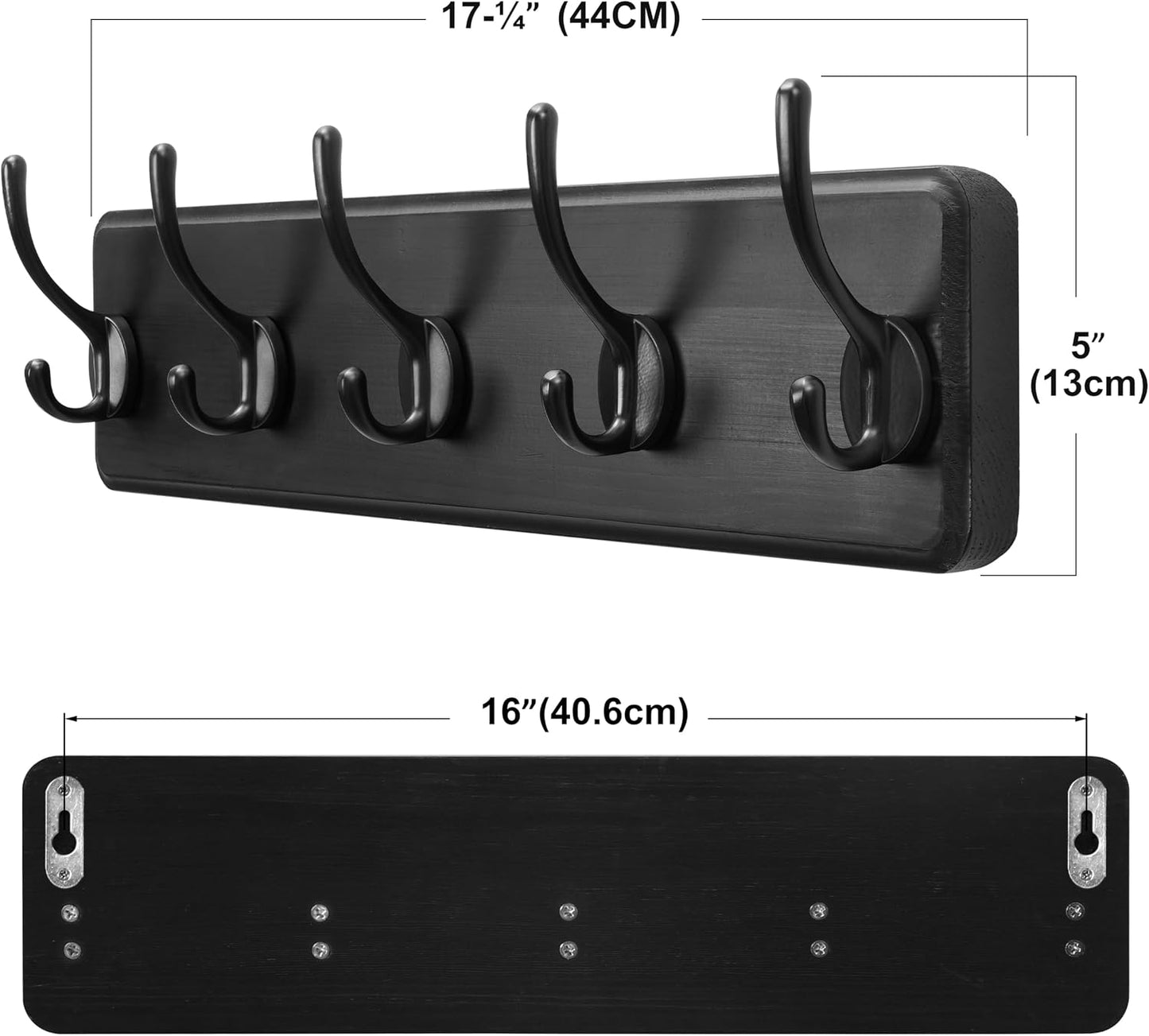 SKOLOO Rustic Wall Mounted Coat Rack, Case of 2, Pine Solid Wood Coat Hook Hanger - 5 Hooks for Hanging Clothes Robes