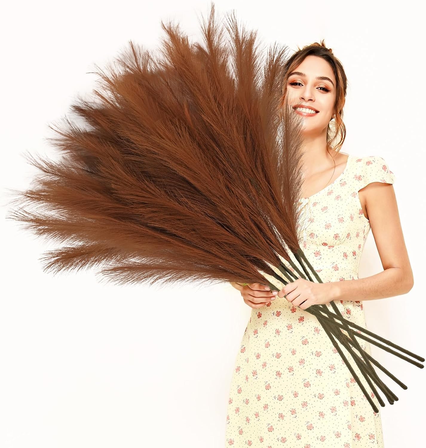 Large Tall Fluffy Artificial Pompous Grass Branches Floral Fake Pompas / Brown / Set of 8