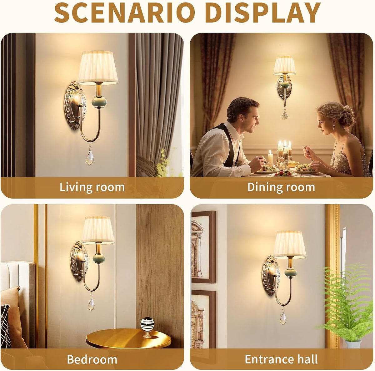 Wireless Battery Operated Antique Brass Wall Sconces Set of 2, 10000mAh Rechargeable Gold Crystal Vintage Fabric Shade