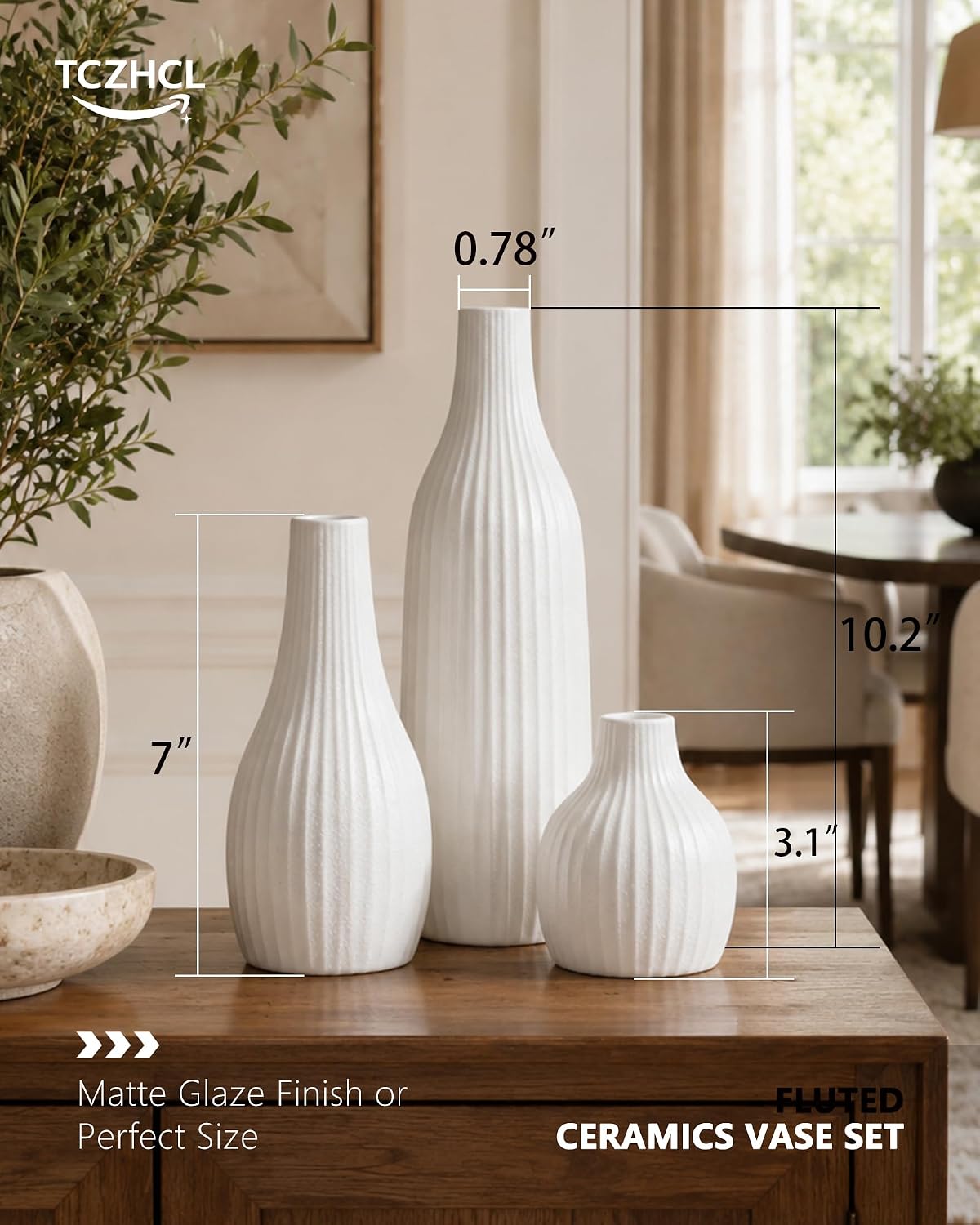 Minimal Line Ceramic Vase / White / Set of 3