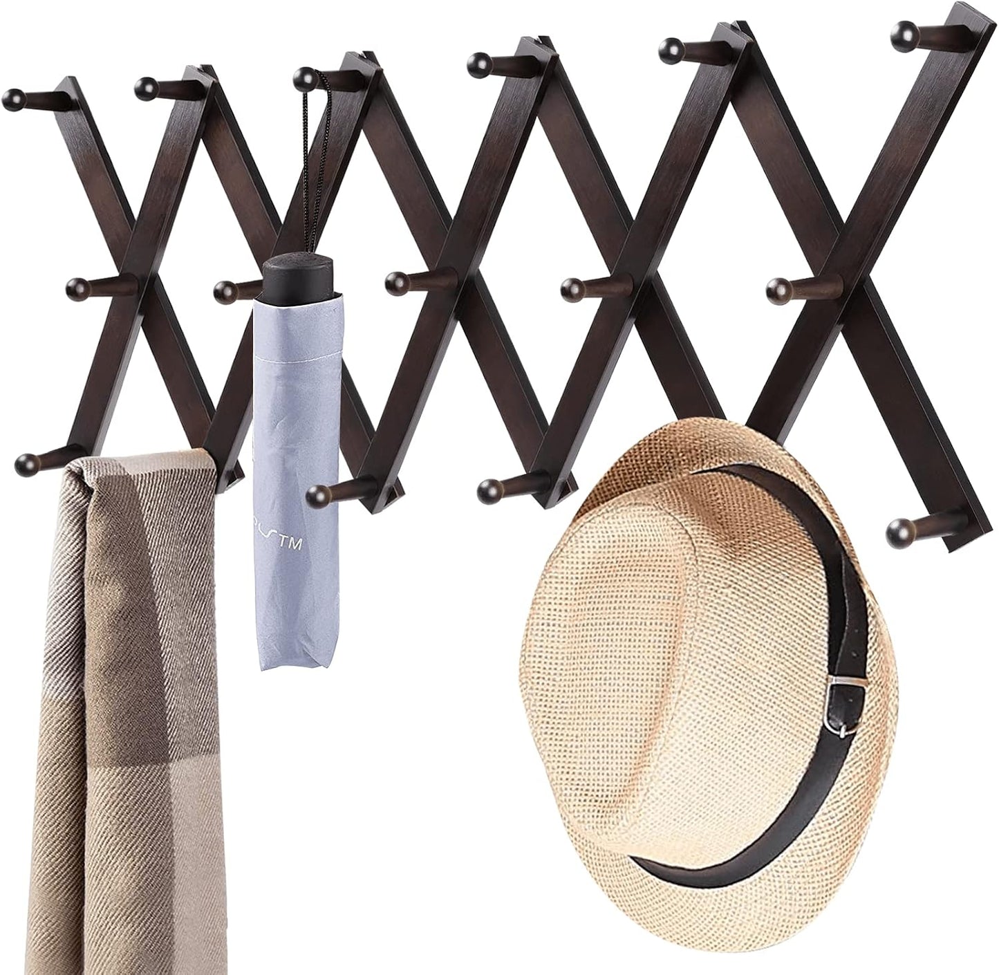 Accordion Wall Hanger, Hat Hangers Wall Mounted, Wood Accordian Coat Rack with 17 Hooks, Expandable Peg Rack Wall
