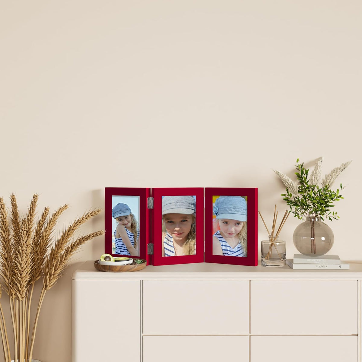decorUhome Red Triple 5x7 Picture Frame Vertical, MDRD08 | "Z" Shape Folding Design Engineered Wood Trifold Photo Frame