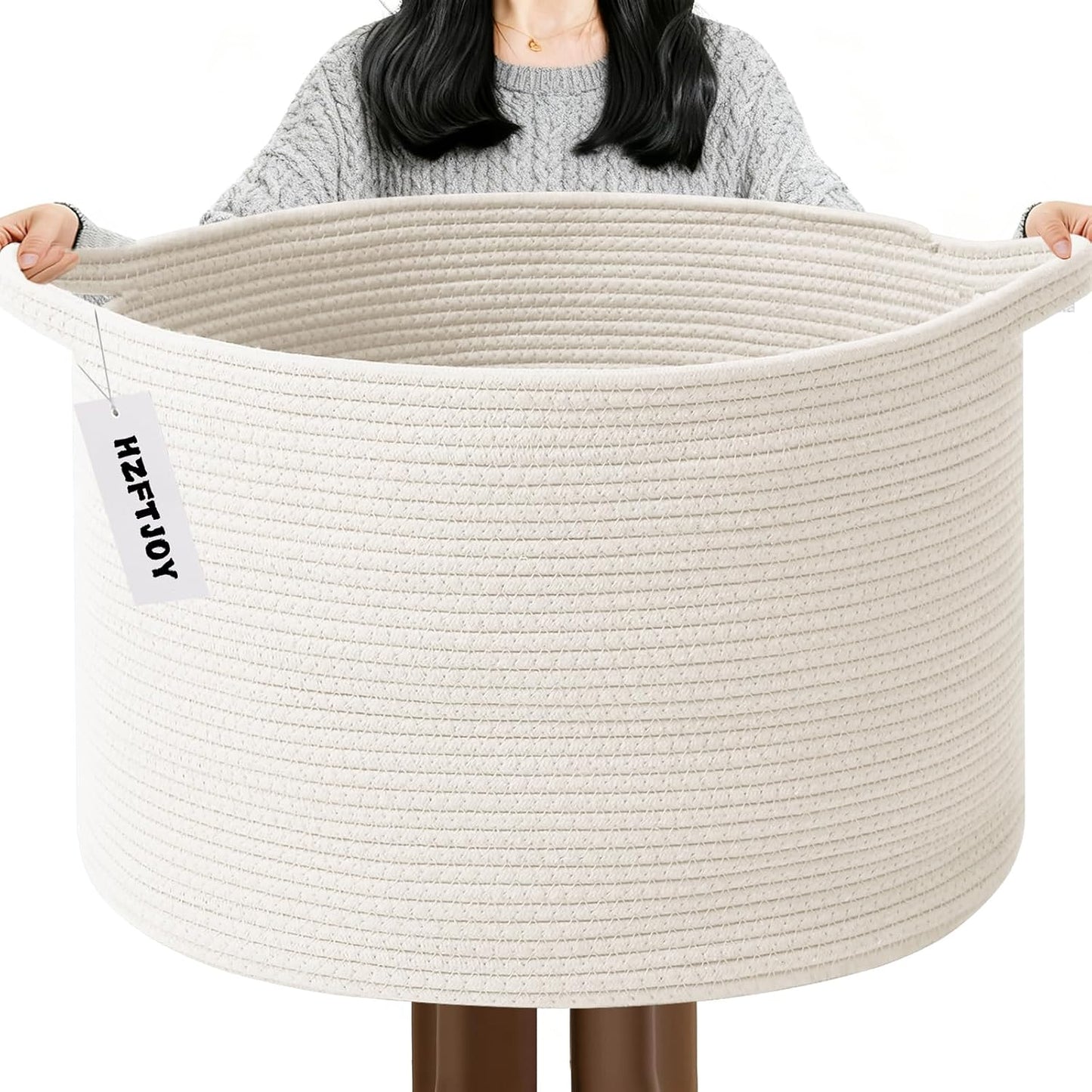 65L Large Blanket Basket,Woven Rope Laundry Basket-White