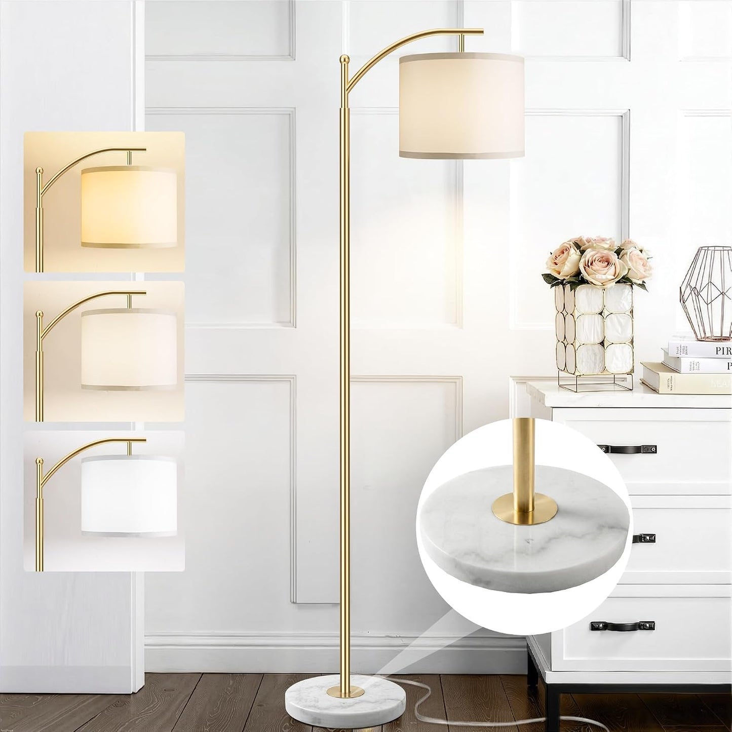 ROTTOGOON Gold Floor Lamp for Living Room with Marble Base, Modern Standing Lamp with 3 Color Temperatures Bulb &