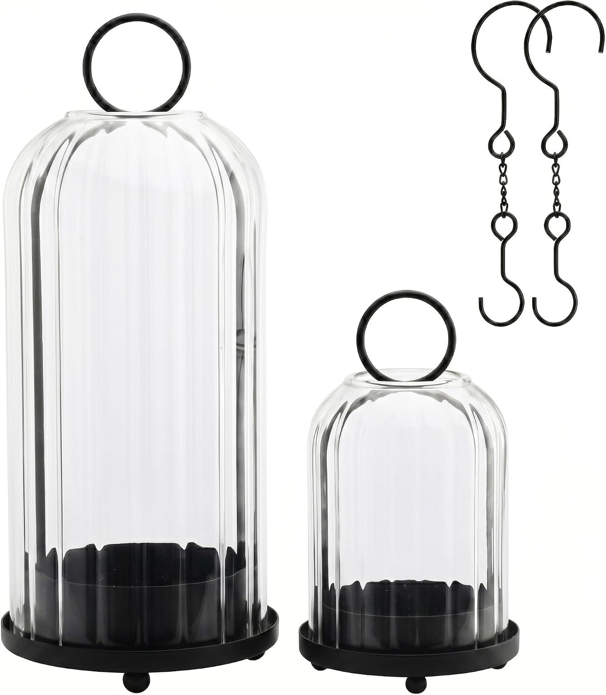 5" & 4" Metal Candle Holder with Ribbed Glass Candle Lanterns Set of 2, Vintage Windproof Hurricane Candle Holders for