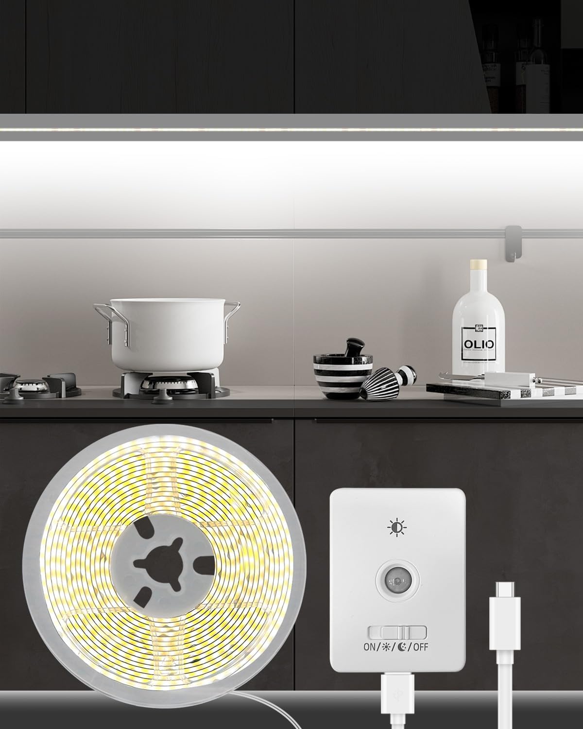 Under Cabinet Lighting Wireless, 2 Pack 5000mAh 13FT COB Motion Sensor Led Light Strips Indoor, Rechargeable Battery