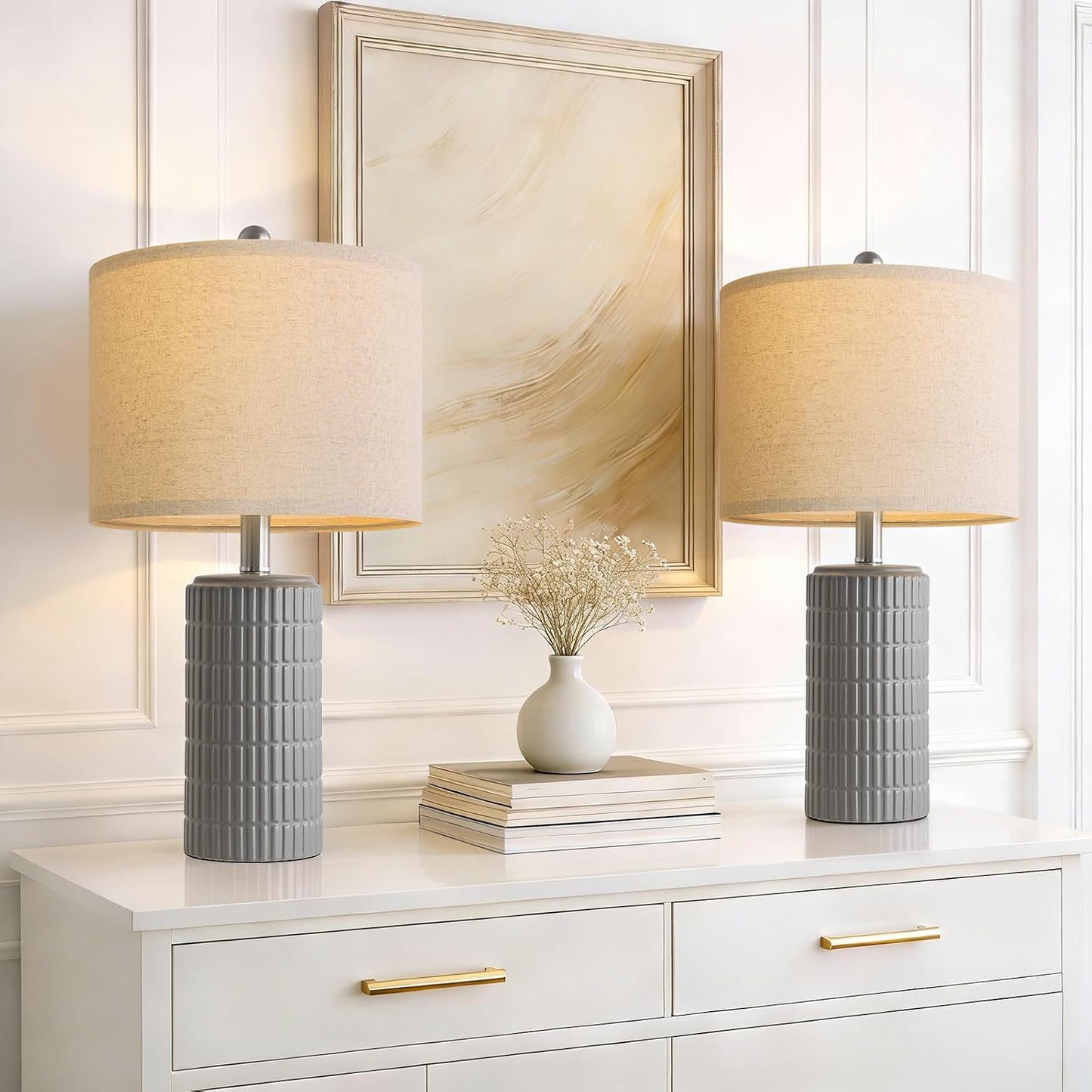PoKat 20.75'' Ceramic Small Table Lamps for Bedroom, Modern Dark Gray Bedside Lamps Set of 2, Farmhouse Lamps for